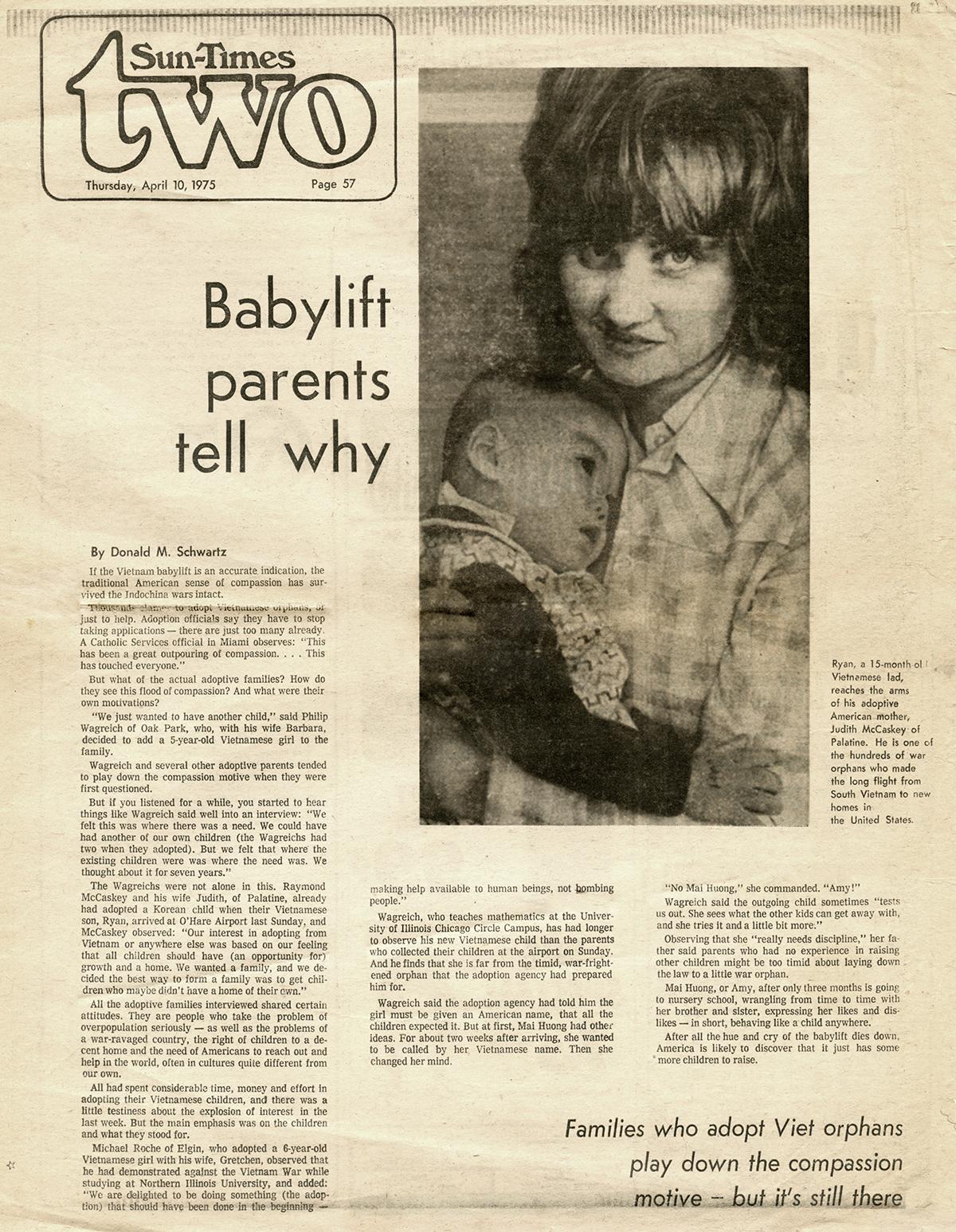 Click to read: April 10, 1975 article about McCaskey's adoption.