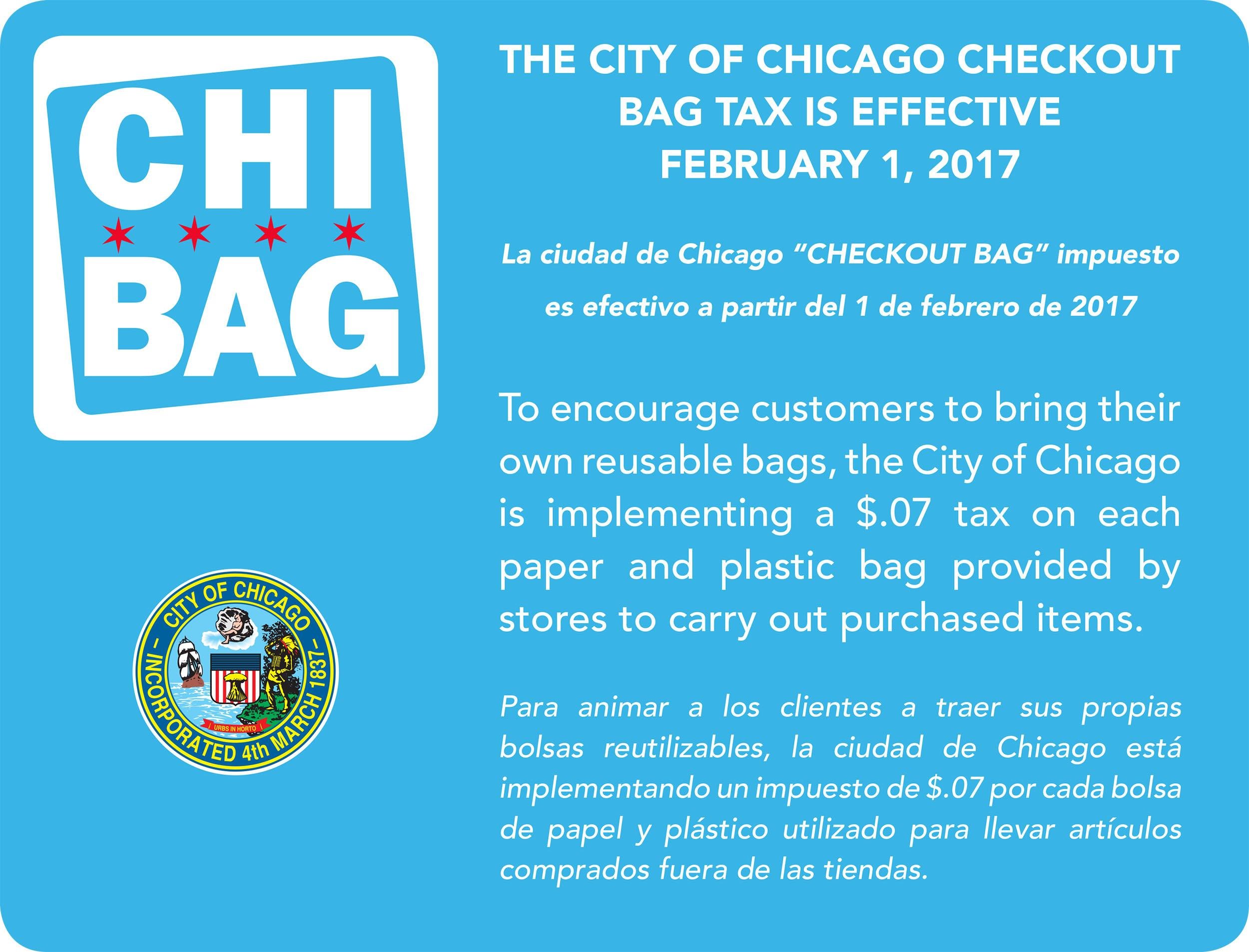 Click to enlarge image of city placard detailing checkout bag tax.