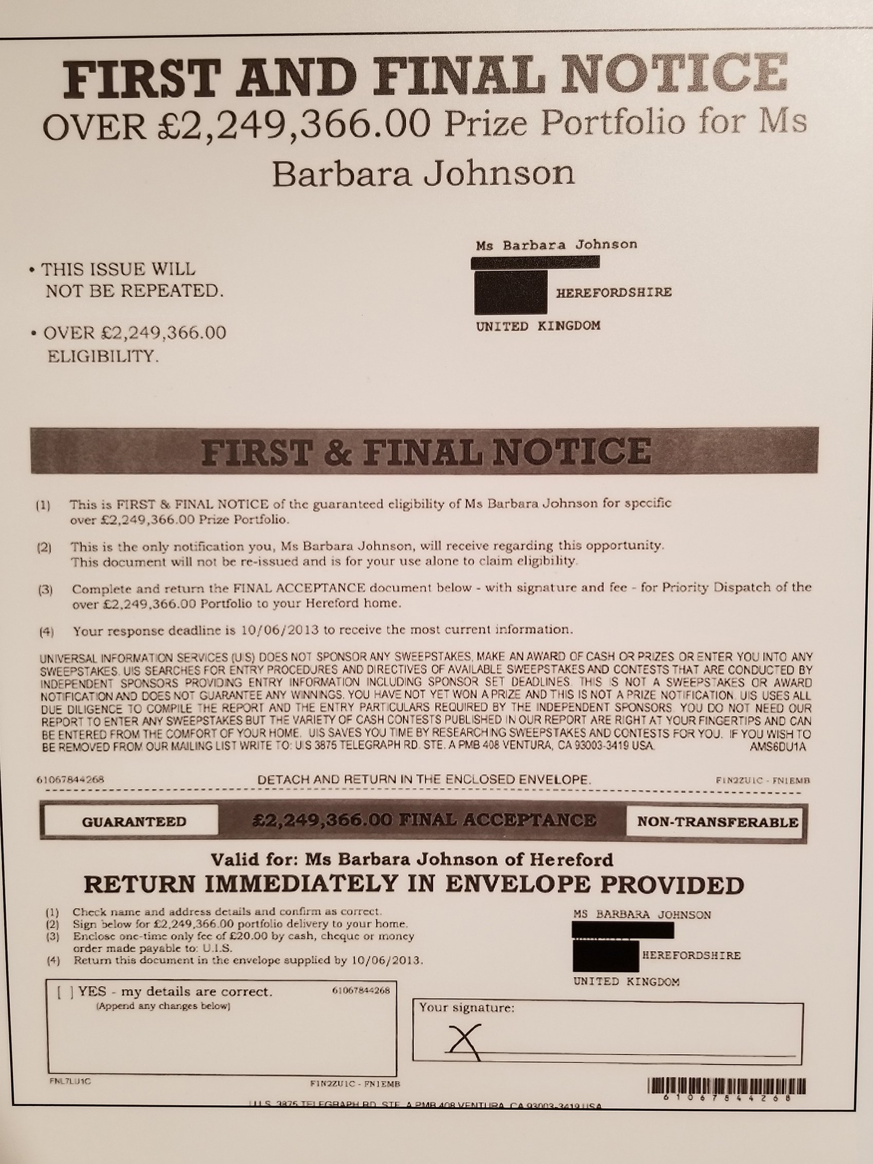 A copy of a scam notice sent to a woman informing her she had "won" more than two million British pounds. (Matt Masterson / Chicago Tonight)