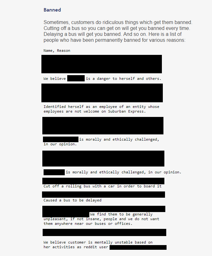 A screenshot of the Suburban Express "Page of Shame." Names and personal information have been redacted.