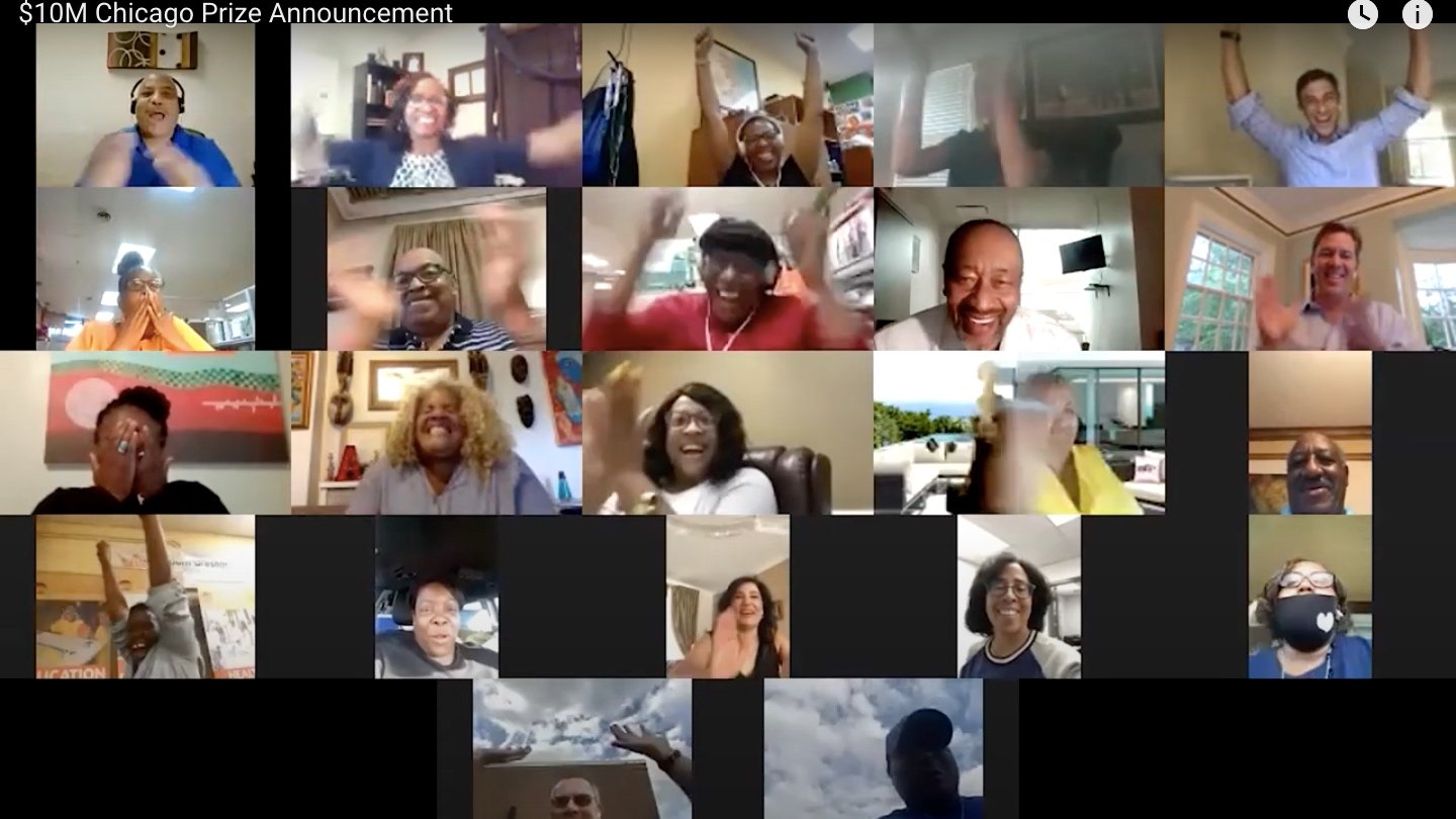 The Alway Growing, Auburn Gresham team getting the good news of their Chicago Prize win on a Zoom call. (Pritzker Traubert Foundation / YouTube)