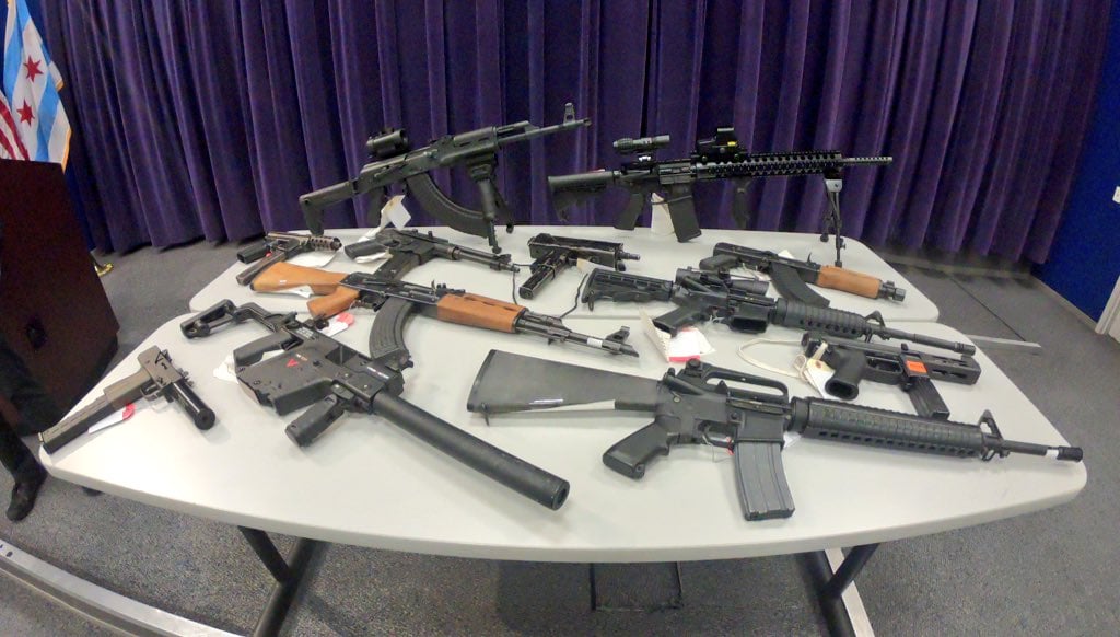 An array of assault weapons recovered this year by the Chicago Police Department. (Chicago Police Department / Twitter)