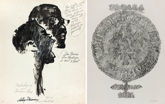 Left: LeRoy Neiman. Malcolm X and Cassius Clay, 1964. Right: Robert Indiana. American Eat Co., 1961. (Courtesy of The Art Institute of Chicago)
