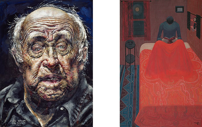 Left: Ivan Albright. Self-Portrait (No.13), 1982. Right: Margo Hoff. Murder Mystery, 1945. (Courtesy of The Art Institute of Chicago)