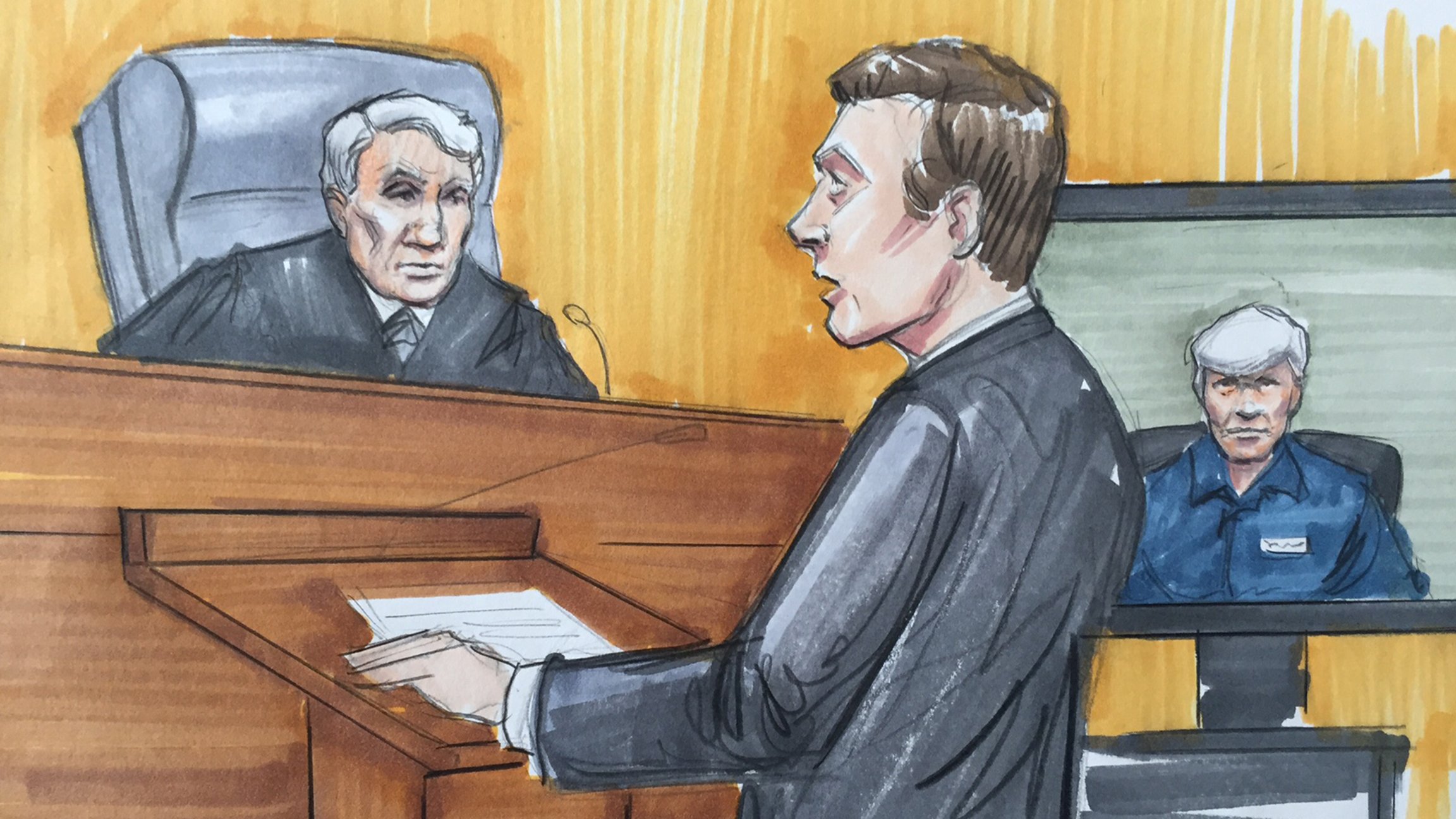 Rod Blagojevich, right, sits during a 2016 appellate court hearing. (Courtroom art by Thomas Gianni)