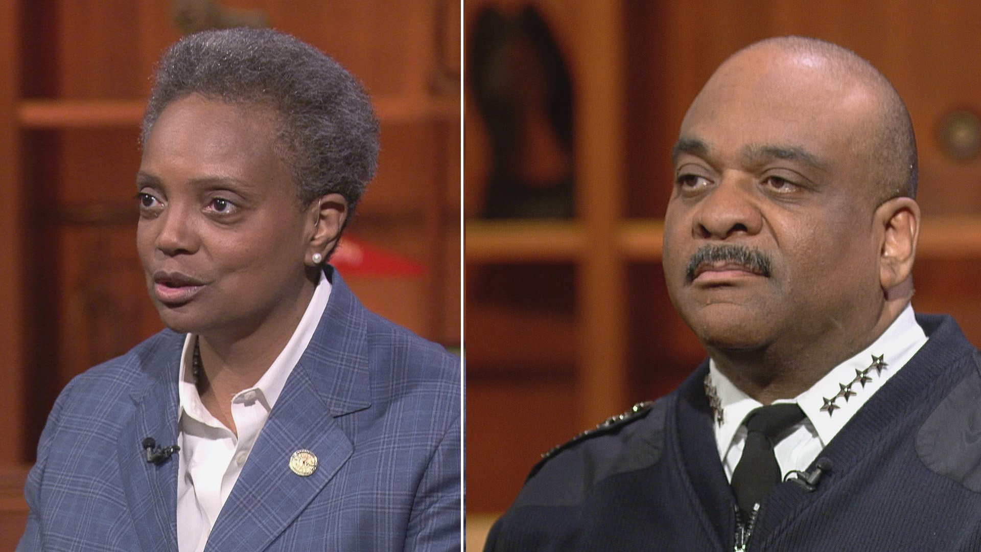 Still images from appearances of Mayor Lori Lightfoot and Chicago Police Superintendent Eddie Johnson on “Chicago Tonight.” Lightfoot spoke to reporters Wednesday about Johnson’s possible retirement this week. (WTTW News)