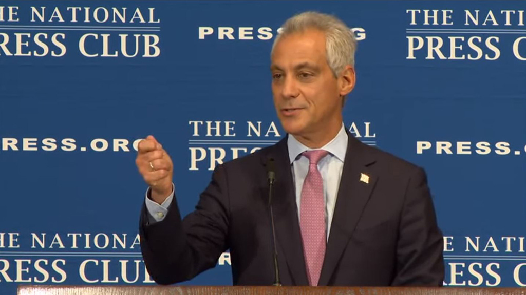 Speaking at the National Press Club on Tuesday, Mayor Rahm Emanuel reiterated Chicago Public Schools will open on Sept. 5 even if there is no state budget. (Courtesy of National Press Club website)