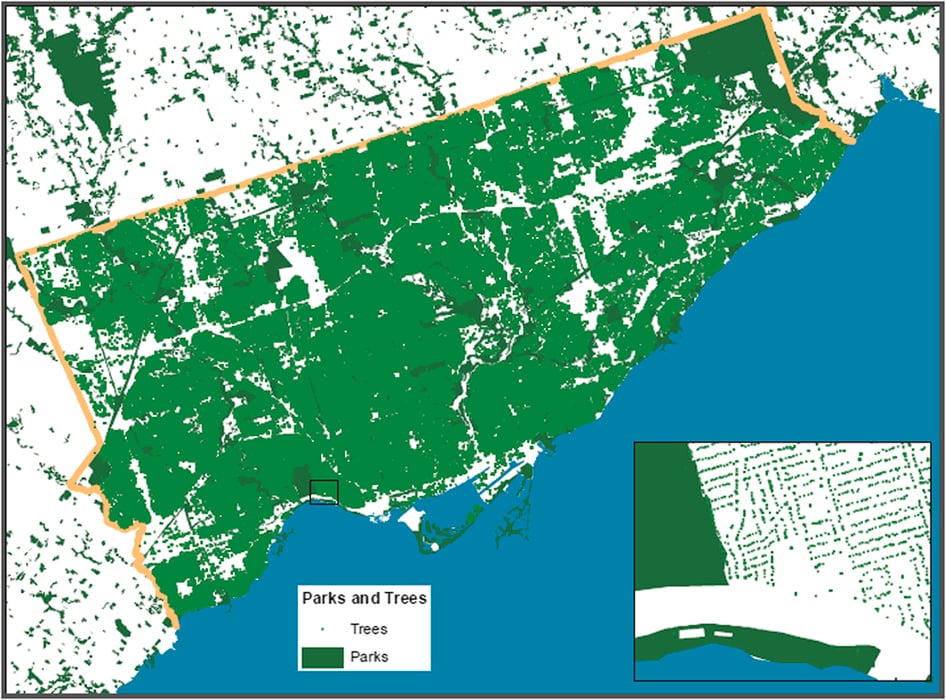 Tree canopy maps detail green spaces in Toronto, Canada.
