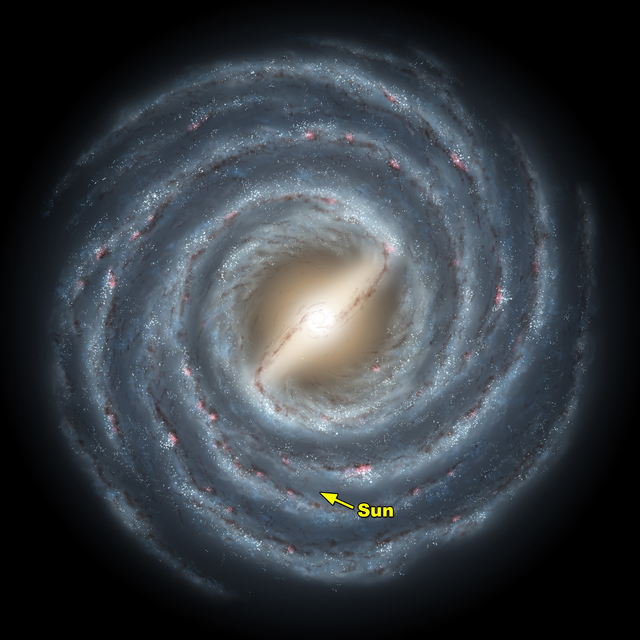 An artist's impression illustrating the position of the Sun and our solar system within the Milky Way.