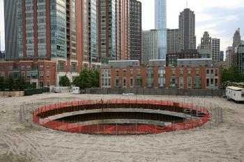 The construction site for the Chicago Spire has been dormant since late 2008; photo by Daniel Schwen
