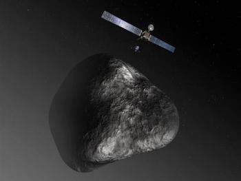 An artist's impression of the Rosetta orbiter deploying the Philae lander to comet 67P/Churyumov–Gerasimenko in August 2014; photo by ESA–C. Carreau/ATG medialab