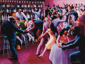 Archibald J. Motley, Jr. Nightlife, 1943. Restricted gift of Mr. and Mrs. Marshall Field, Jack and Sandra Guthman, Ben W. Heineman, Ruth Horwich, Lewis and Susan Manilow, Beatrice C. Mayer, Charles A. Meyer, John D. Nichols, and Mr. and Mrs. E.B. Smith, Jr.; James W. Alsdorf Memorial Fund; Goodman Endowment.