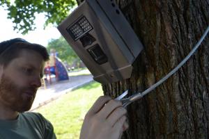 Seth Magle secures a camera trap that is used to capture data for Chicago Wildlife Watch. (Courtesy of Urban Wildlife Institute/Lincoln Park Zoo)