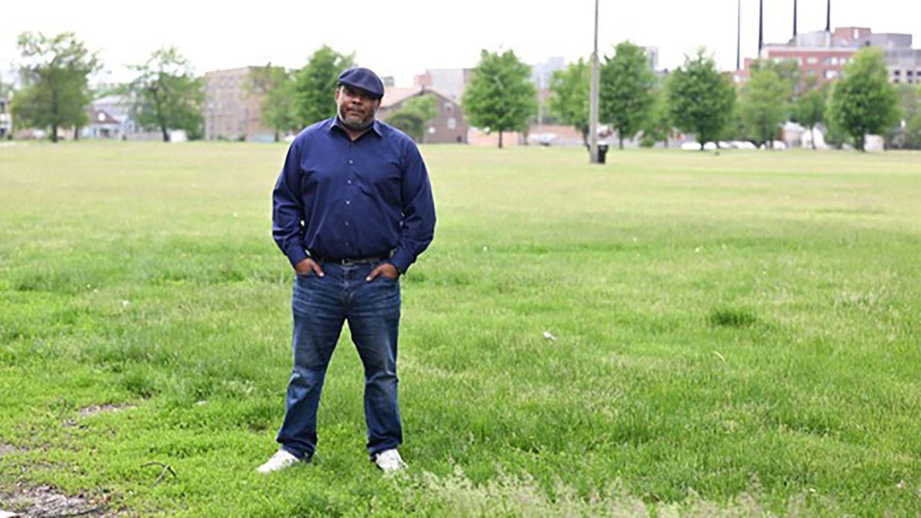 Rod Wilson on land where the ABLA Homes once stood, now the proposed site for the Chicago Fire Football Club training facility (Alexander Gouletas / special to ProPublica)