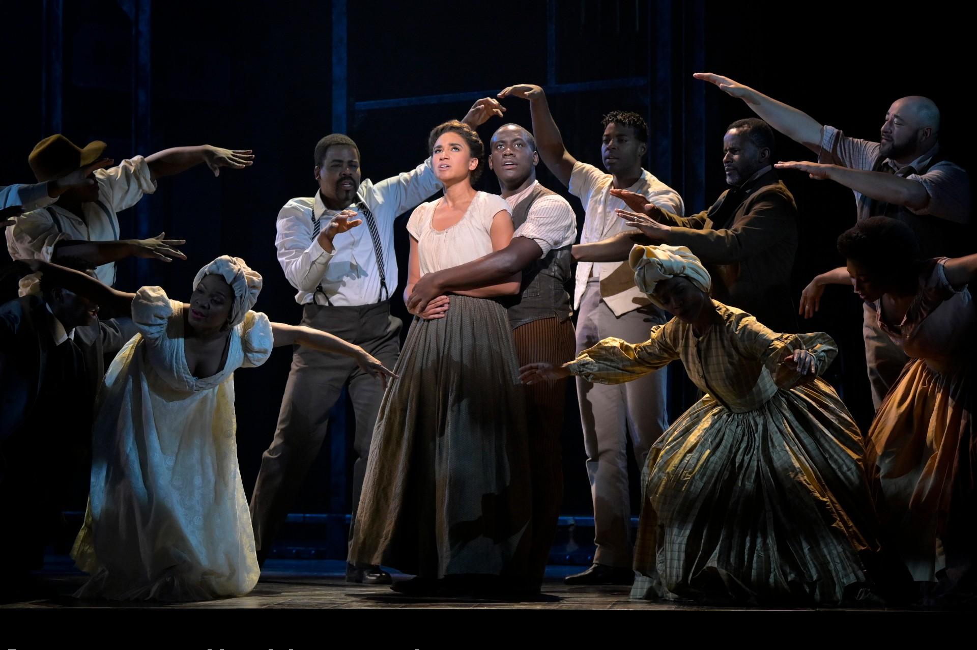 Gabrielle McClinton, center, as Angelina Baker, Sidney DuPont as Washington Henry and Ensemble in “Paradise Square.”  (© Kevin Berne)