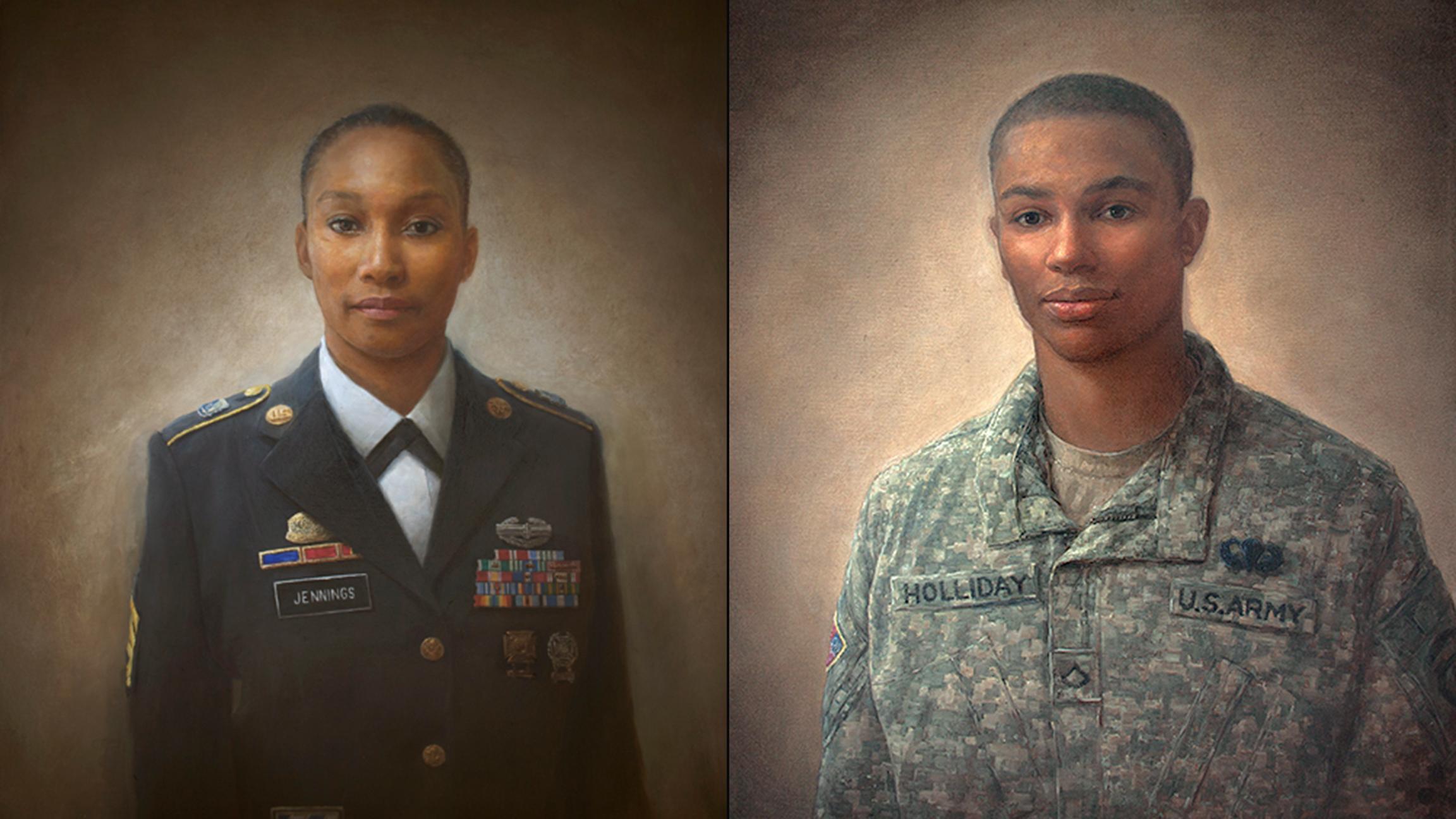 Paintings by Matt Mitchell from “100 Face of War” include portraits of Alma Jennings, left, and Jaron Holliday.
