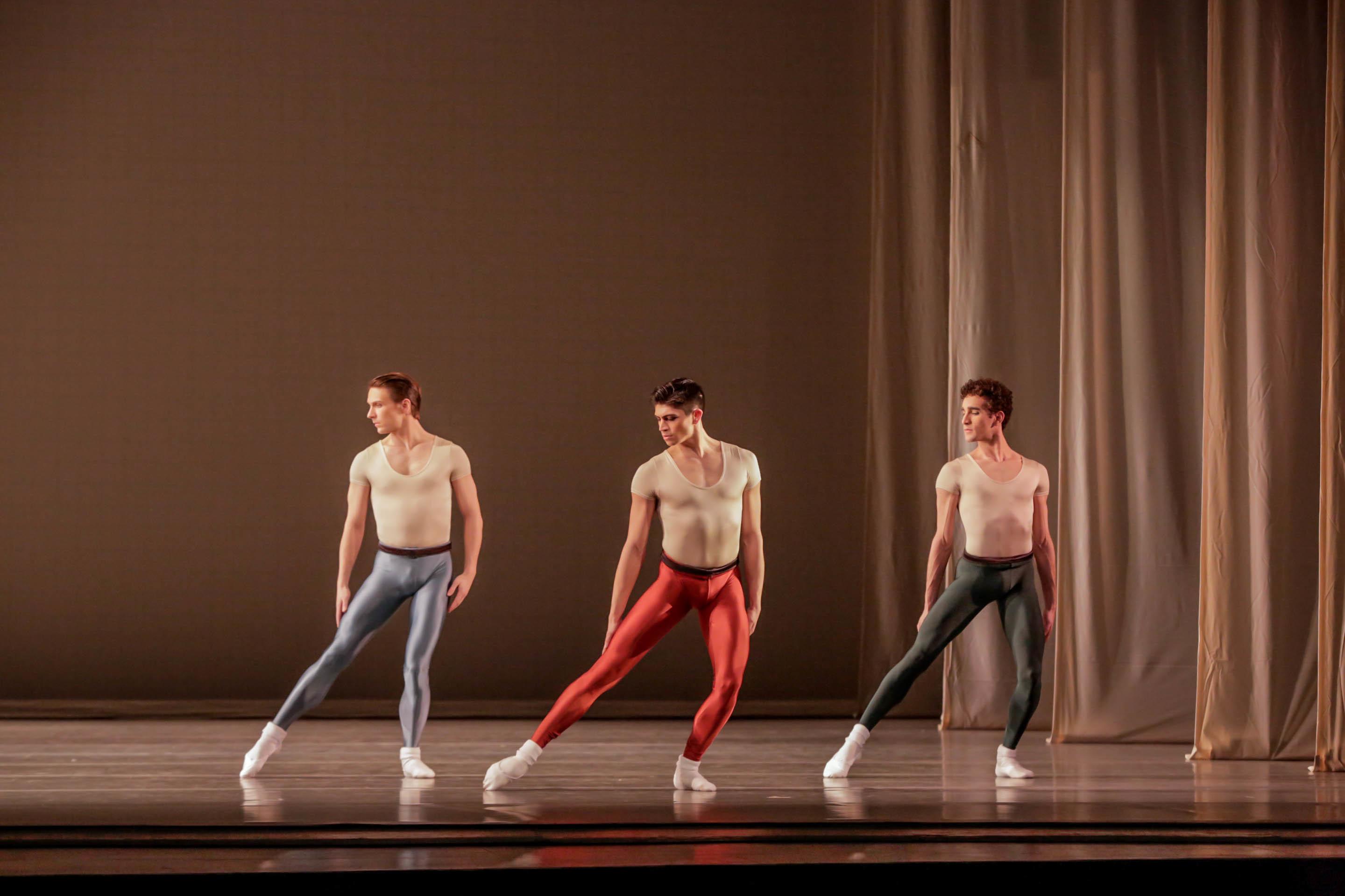 Dancers Graham Maverick, Aaron Renteria and Edson Barbosa in “Glass Pieces.” (Photo by Cheryl Mann)