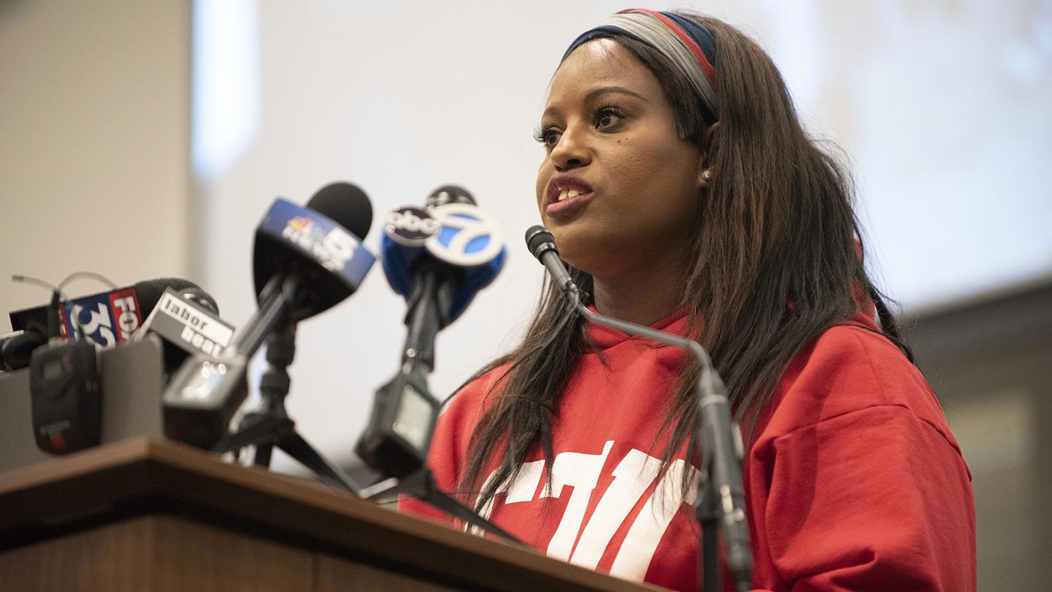 Stacy Davis Gates, vice president of the Chicago Teachers Union, speaks during a news conference at the CTU headquarters in Chicago on Sunday, Dec. 9, 2018. (Colin Boyle / Chicago Sun-Times via AP)