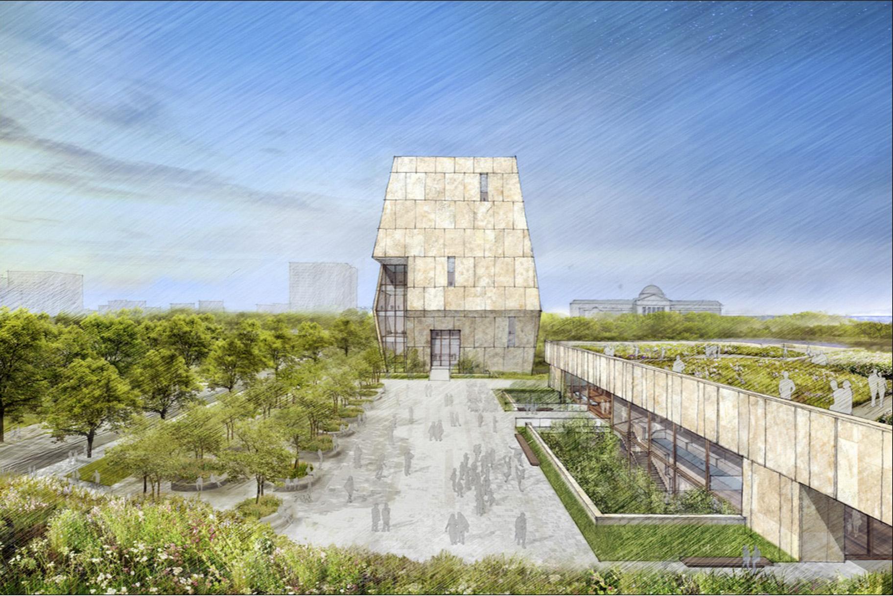 This illustration released on May 3, 2017 by the Obama Foundation shows plans for the proposed Obama Presidential Center with a museum, rear, in Jackson Park on Chicago's South Side. (Obama Foundation via AP, File)