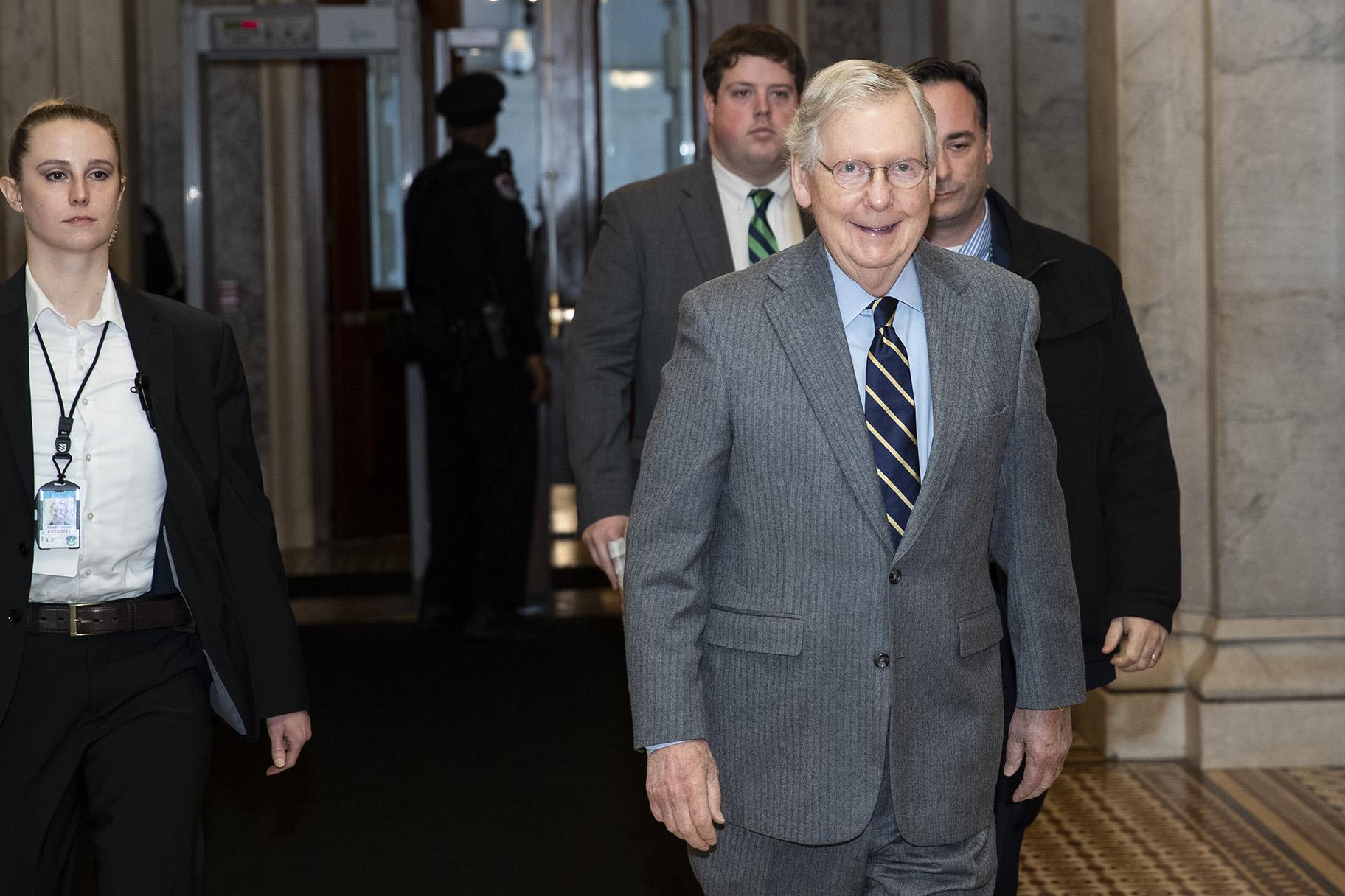 Senate Majority Leader Mitch McConnell of Kentucky, arrives on Capitol Hill, Monday, Feb. 3, 2020 in Washington. (AP Photo / Alex Brandon)