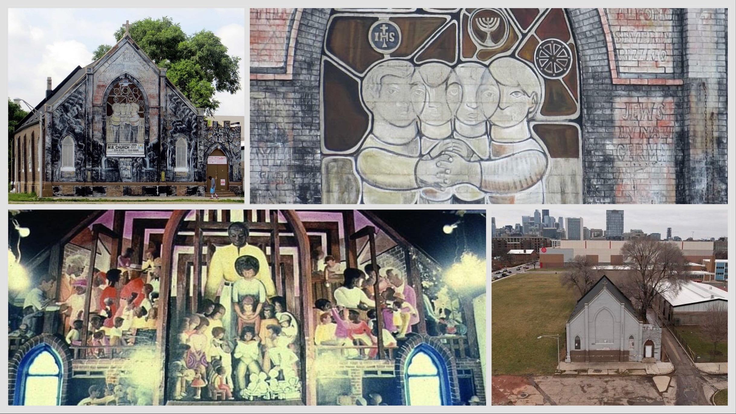 The "All of Mankind" mural, exterior and interior, and the building's current whitewashed condition. (Credits, clockwise from upper left: Debbie Mercer (2); Save All of Mankind / Art House Coalition / Cabrini Art House Project; Jeff Heubner)
