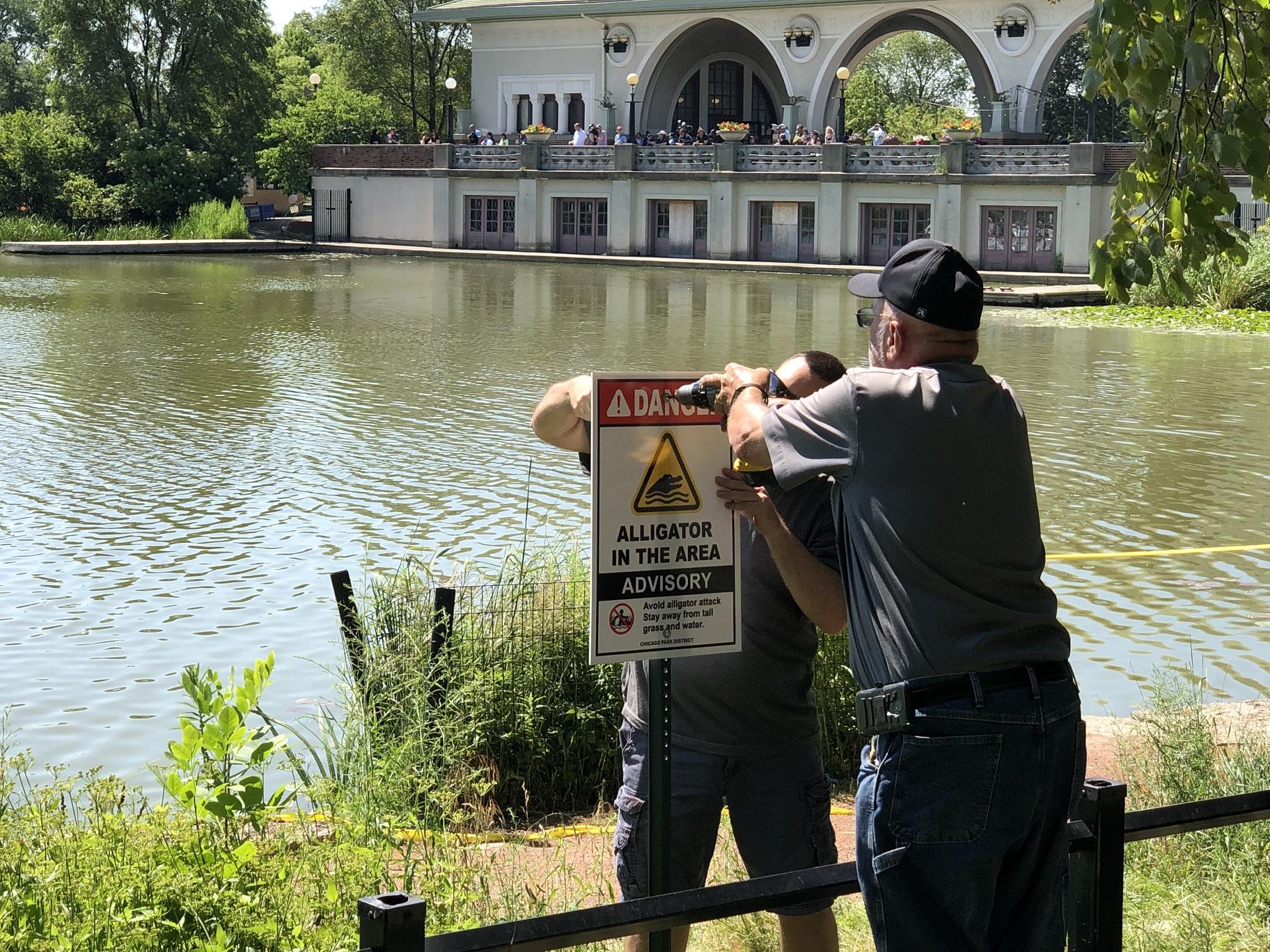 Chicago Park District officials adjust a sign warning visitors about the alligator living in the Humboldt Park Lagoon. (Alex Ruppenthal / WTTW News)
