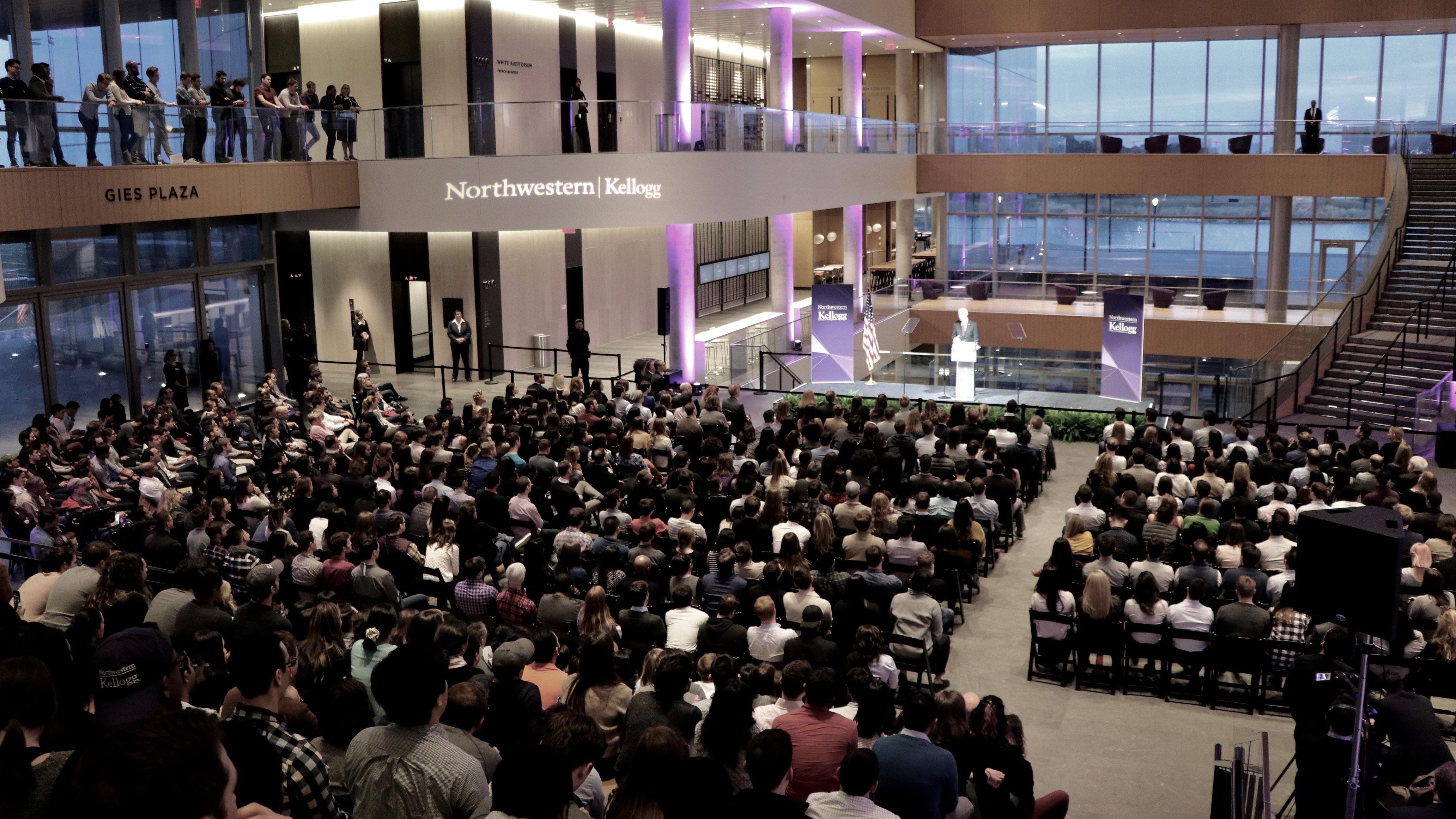 A sold-out crowd gathers at Northwestern's Kellogg Global Hub to hear former Vice President Joe Biden speak. (Evan Garcia / Chicago Tonight)