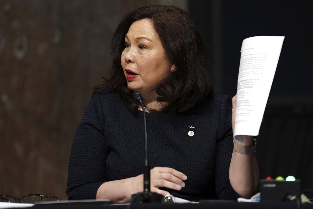 In this May 6, 2020, file photo, Sen. Tammy Duckworth, D-Ill., speaks during a hearing on Capitol Hill in Washington. (Greg Nash / Pool via AP)