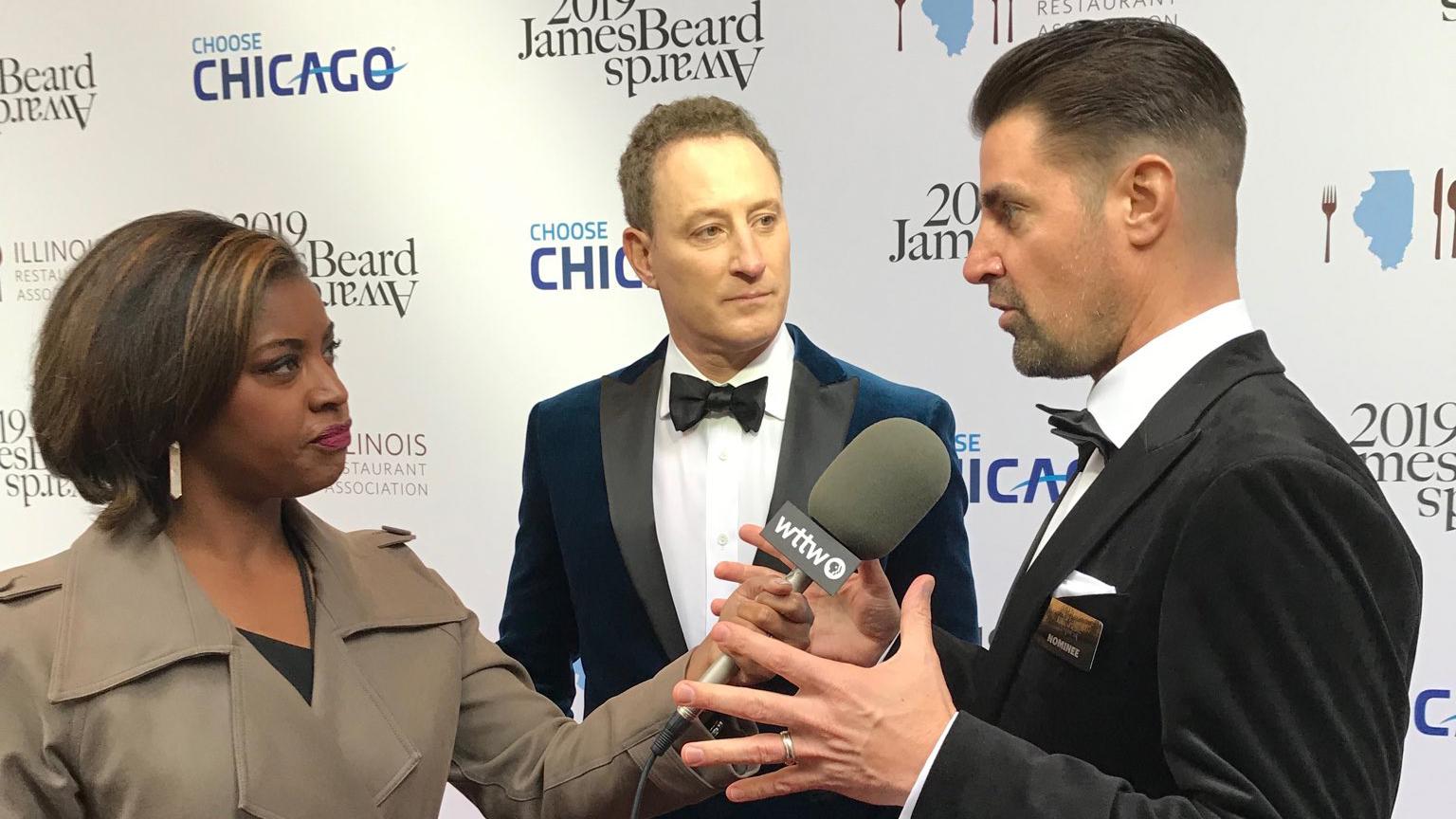 Brandis Friedman talks with James Beard Award winners and Boka Restaurant Group co-founders Rob Katz, left, and Kevin Boehm on Monday, May 6, 2019 before the awards ceremony.