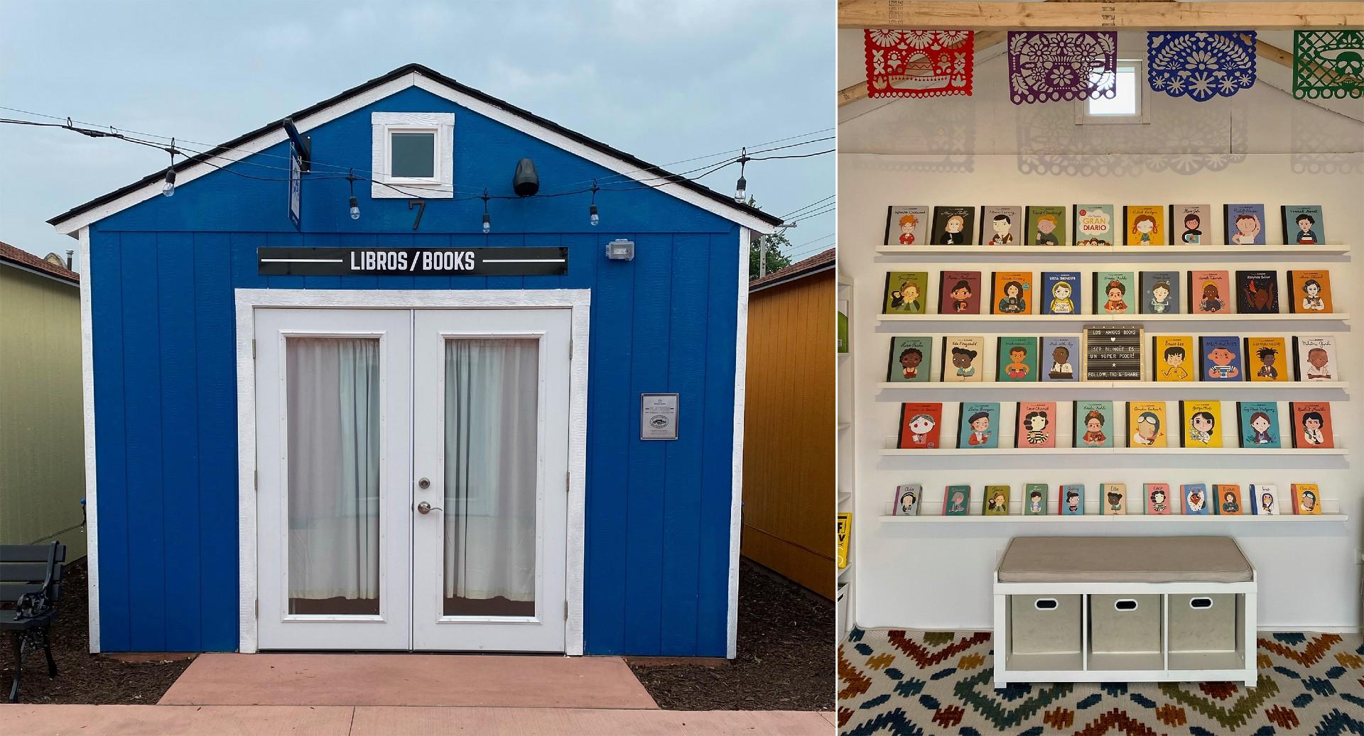 This combination of photos show Los Amigos Books in Berwyn, Ill. The store, launched by Laura Romani, focuses on children's stories in English and Spanish. (Laura Rodríguez-Romaní via AP)