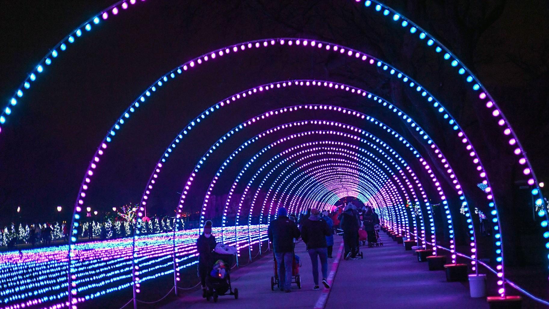 Guests can walk through the 600-foot Tunnel of Lights synchronized to music at Brookfield Zoo’s Holiday Magic. (Courtesy of CZS-Brookfield Zoo)