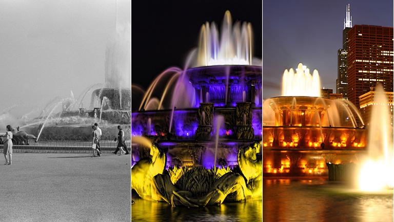 Buckingham Fountain in 1941, left, and bathed in color today.