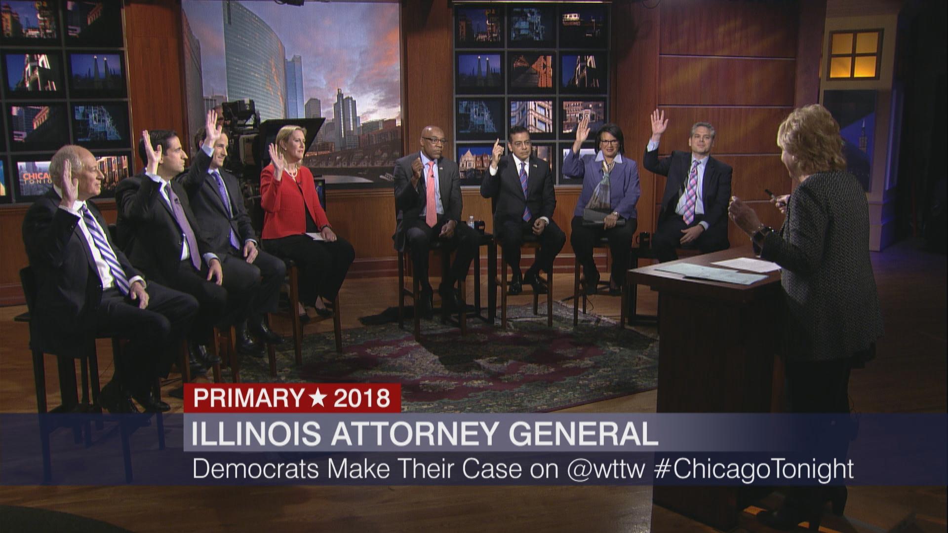 Democratic candidates for attorney general raise their hands Monday on “Chicago Tonight” in response to Carol Marin’s question, “Should Mike Madigan step down as chairman of the Democratic Party?”