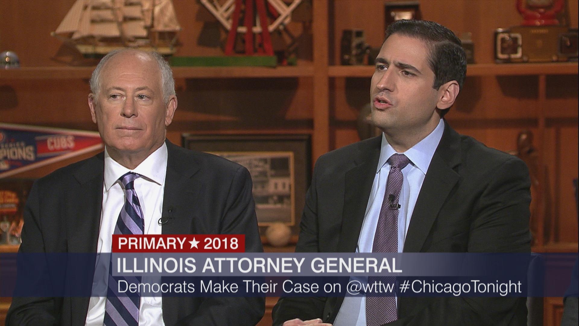 Former assistant U.S. attorney Renato Mariotti spars with former Gov. Pat Quinn during a forum Monday on “Chicago Tonight.”
