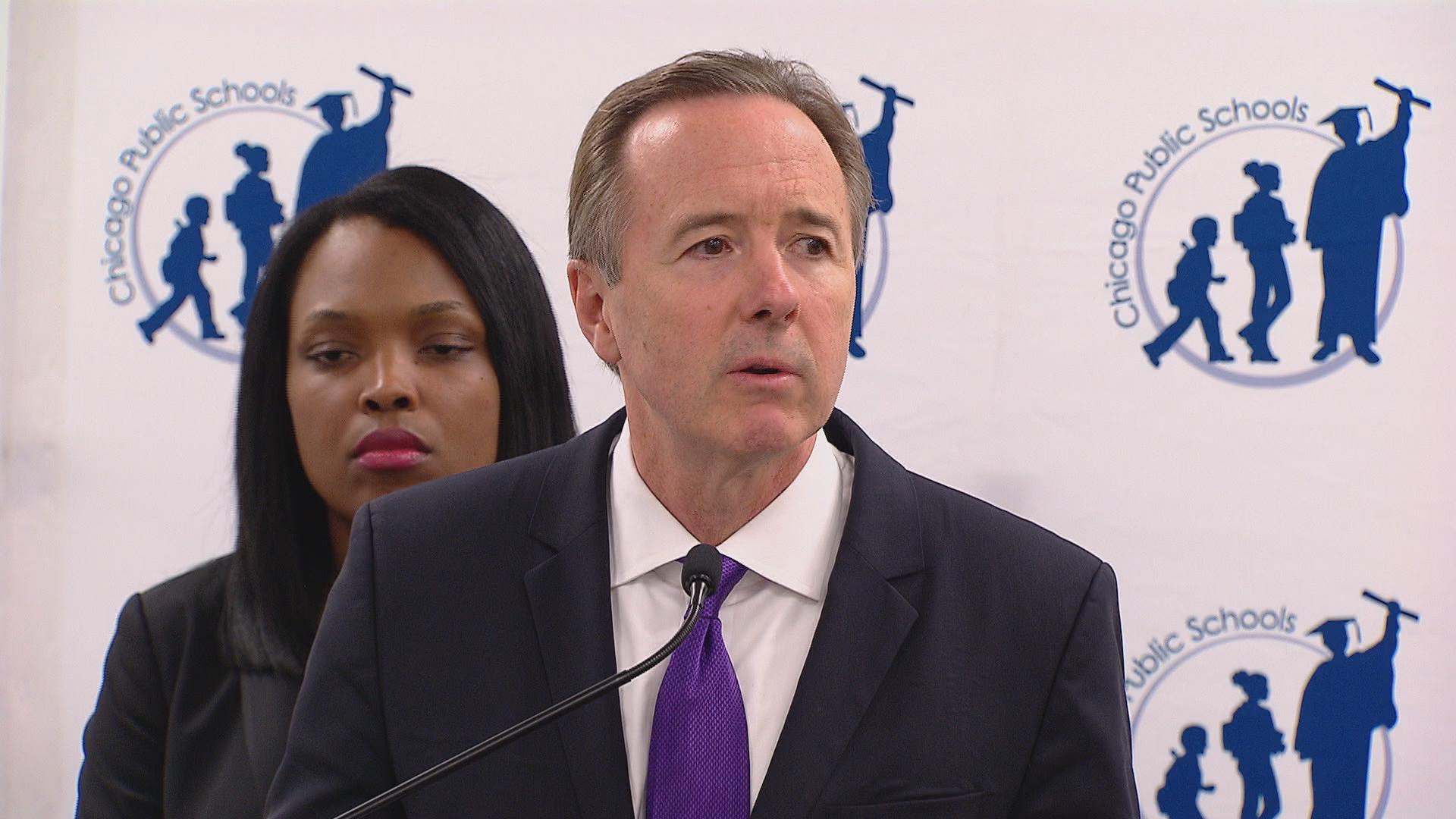 Chicago Public Schools CEO Forrest Claypool speaks on Aug. 8 about cash-strapped district's proposed 2017 budget. On Friday, Claypool attended a pair of public hearings on the proposal. 
