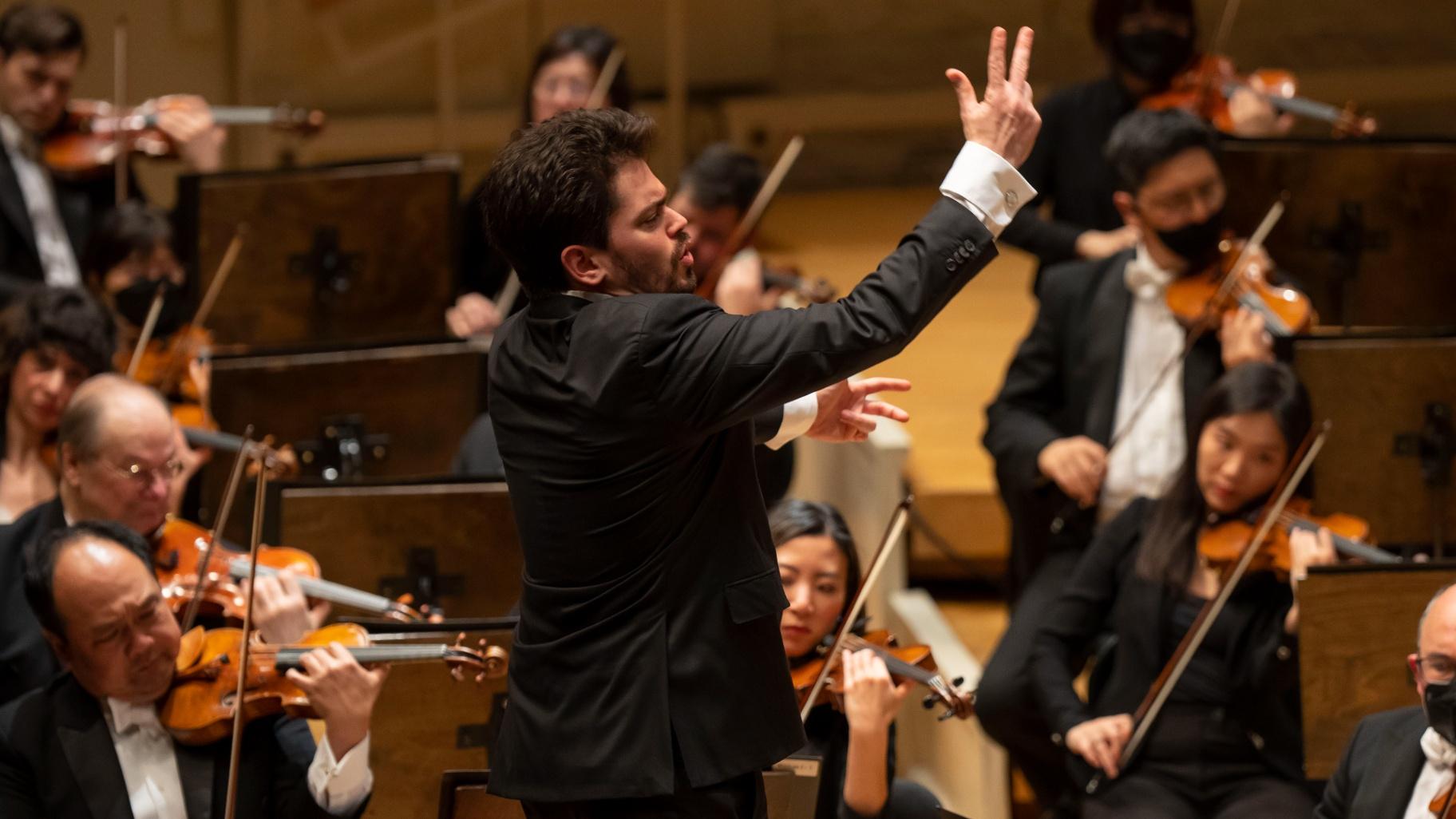 Conductor Lahav Shani made his CSO podium debut Feb. 9, 2023, leading the Orchestra in a program of works by Prokofiev and Rachmaninov. (Todd Rosenberg)