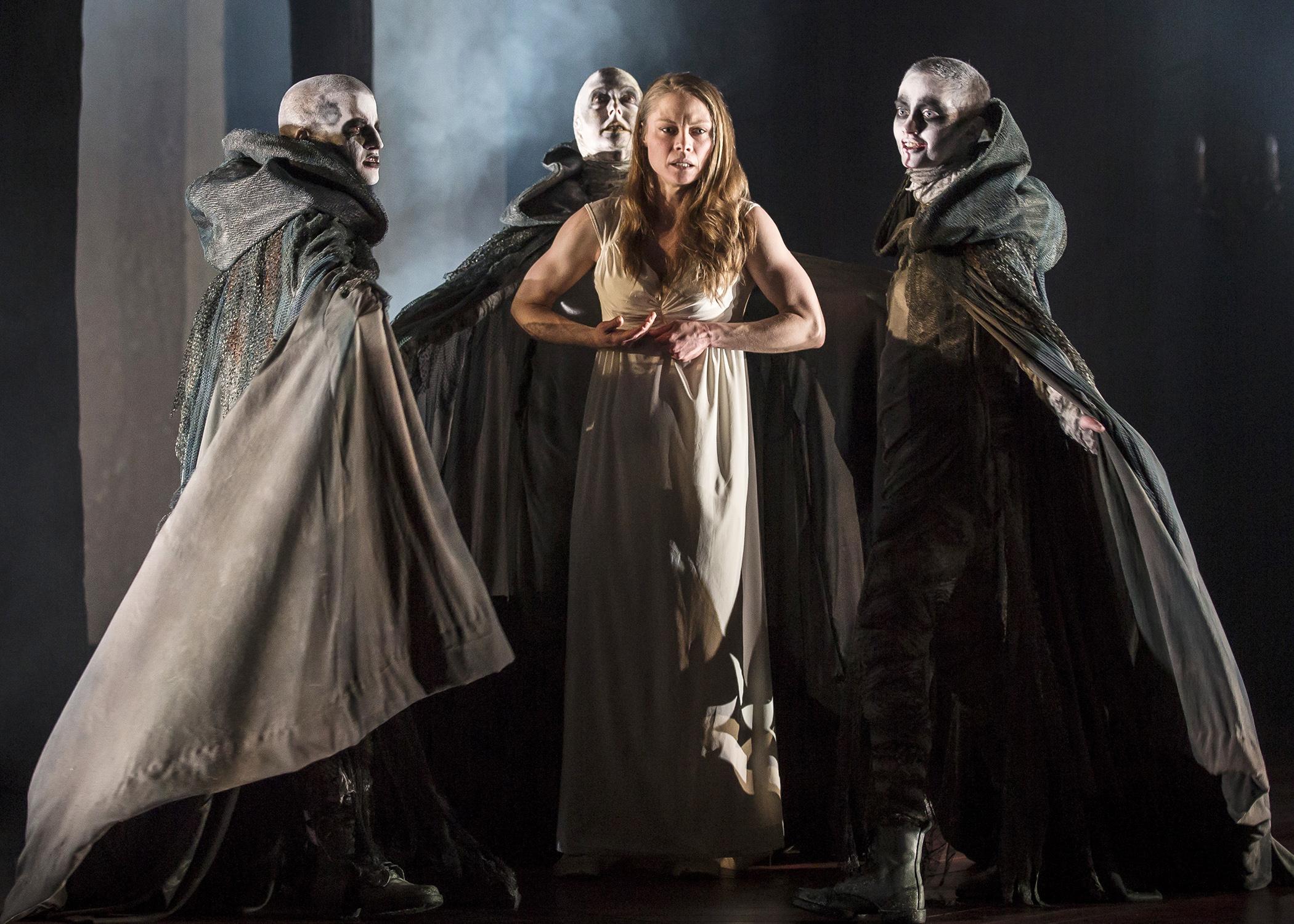Lady Macbeth (Chaon Cross) is taunted by the unseen Weird Sisters in Chicago Shakespeare Theater’s production of “Macbeth.” (Photo by Liz Lauren)