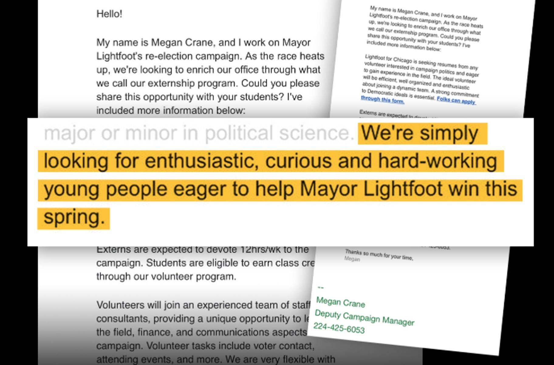 Mayor Lori Lightfoot’s reelection campaign sent an email to Chicago Public Schools teachers Wednesday asking them to encourage their students to volunteer to help Lightfoot win a second term as mayor – and earn class credit.