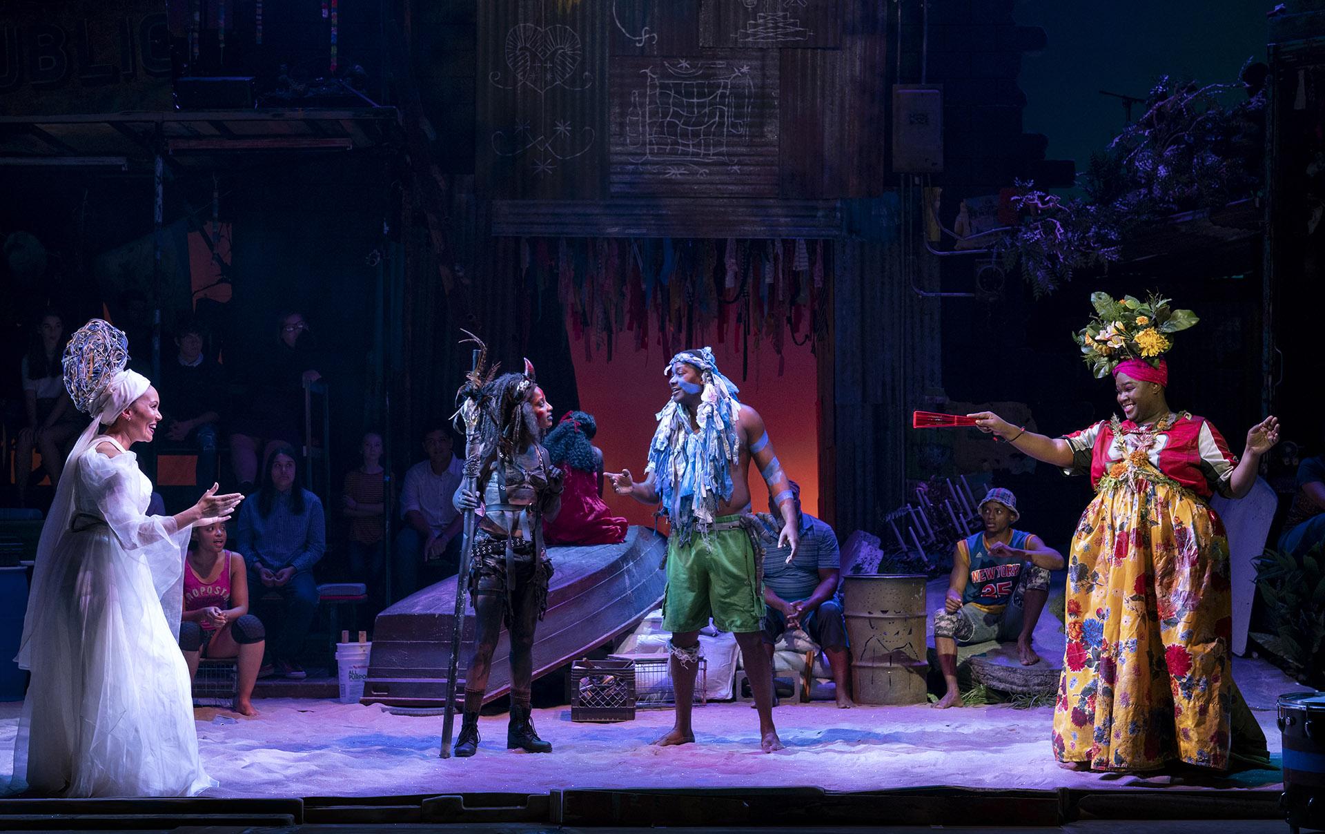 Cassondra James as Erzulie (from left), Tamyra Gray as Papa Ge, Jahmaul Bakare as Agwe, Kyle Ramar Freeman as Asaka and the North American Tour of “Once On This Island.” (Photo by Joan Marcus / 2019)