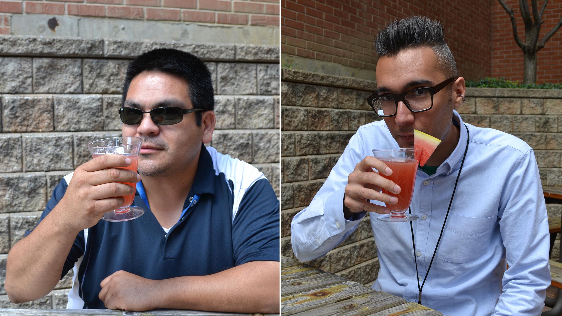 WTTW staffers Juan Carranza, left, and Hunter Clauss knock back a Booth One in the sun. (Erica Gunderson / Chicago Tonight)