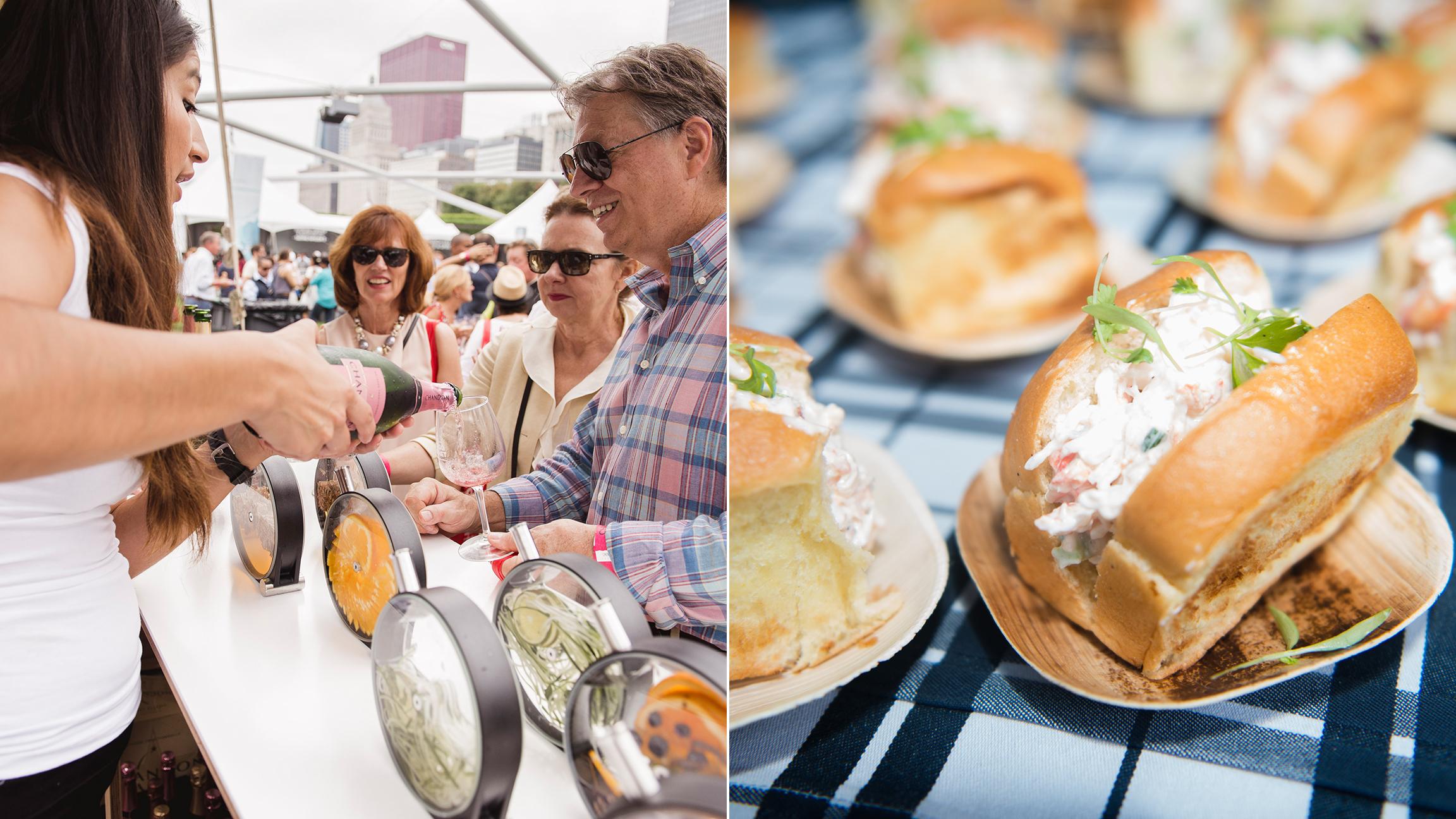 Chicago Gourmet attendees in 2015 enjoy Champagne, left, and Maine lobster rolls. (Photos by Nathanael Filbert, left, Beking Joassaint / Courtesy of Chicago Gourmet)