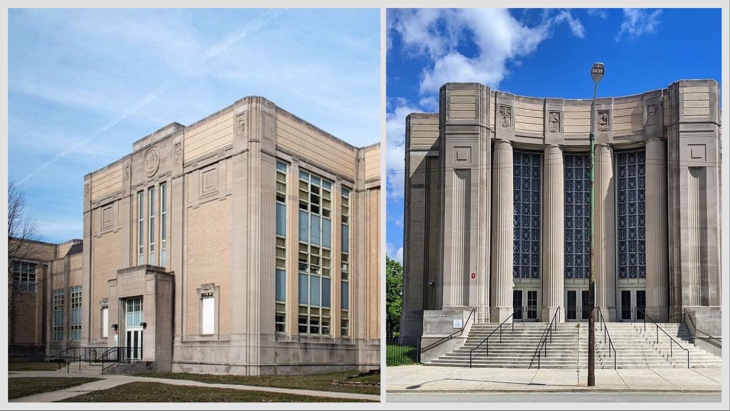 Chicago Vocational School is Chicago's largest Art Deco structure outside of downtown. (Credits: Max Chavez / Preservation Chicago (l); Eric Allix Rogers)