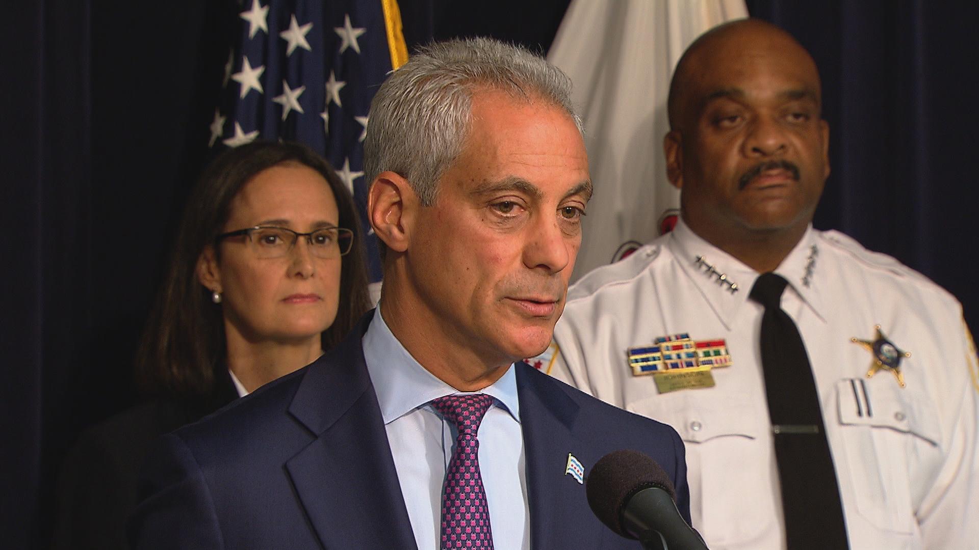 Mayor Rahm Emanuel, Illinois Attorney General Lisa Madigan and Chicago Police Superintendent Eddie Johnson discuss police reforms and oversight of the Chicago Police Department on Aug. 29, 2017.