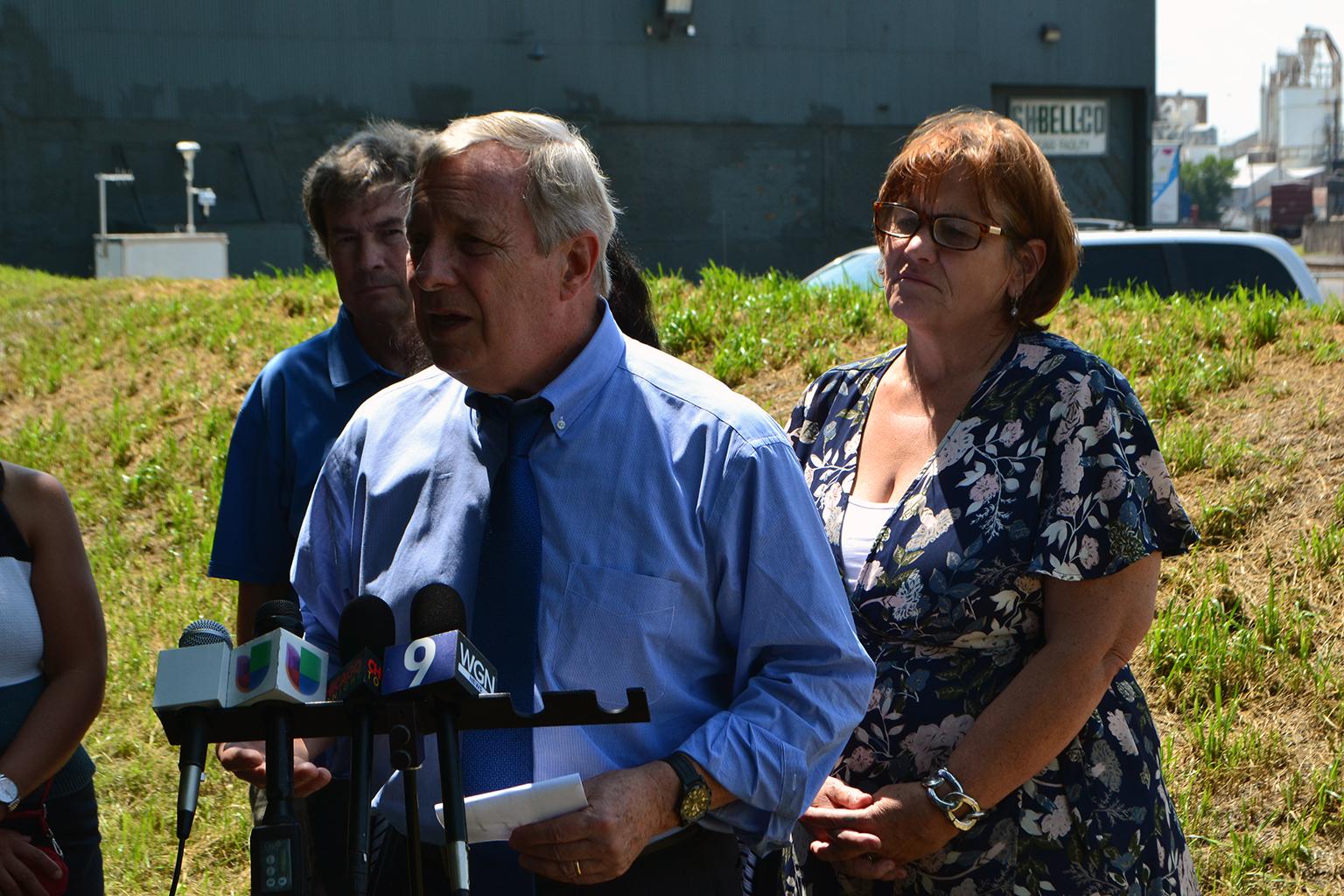 U.S. Sen. Dick Durbin speaks to the press after meeting with Southeast Side residents on Thursday, Aug. 9, 2018 to discuss public health threats stemming from nearby industrial facilities. (Alex Ruppenthal / Chicago Tonight)
