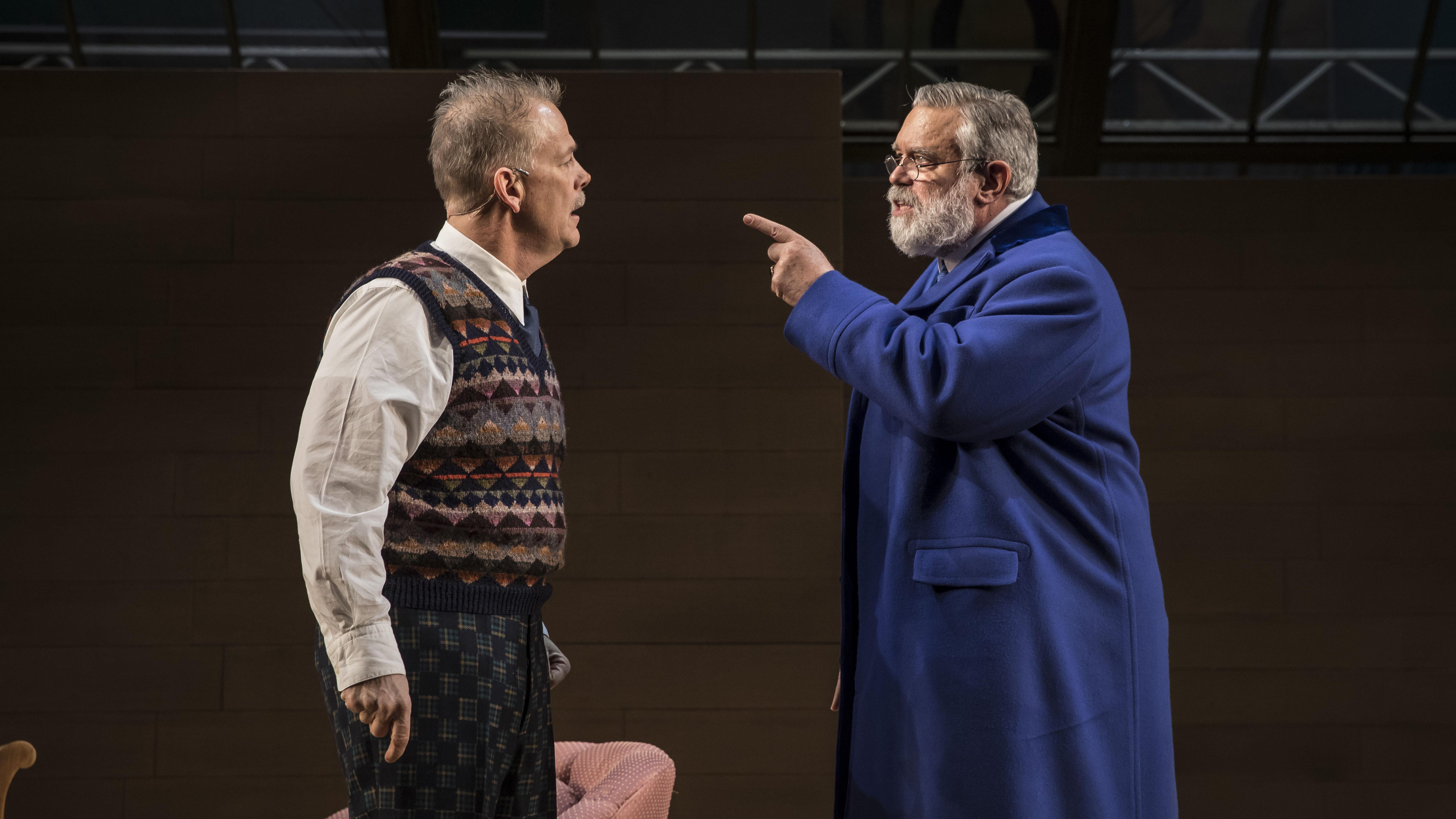 Philip Earl Johnson (Thomas Stockmann) and Scott Jaeck (Peter Stockmann) in “An Enemy of the People” by Henrik Ibsen, adapted and directed by Robert Falls at Goodman Theatre. (Credit: Liz Lauren)