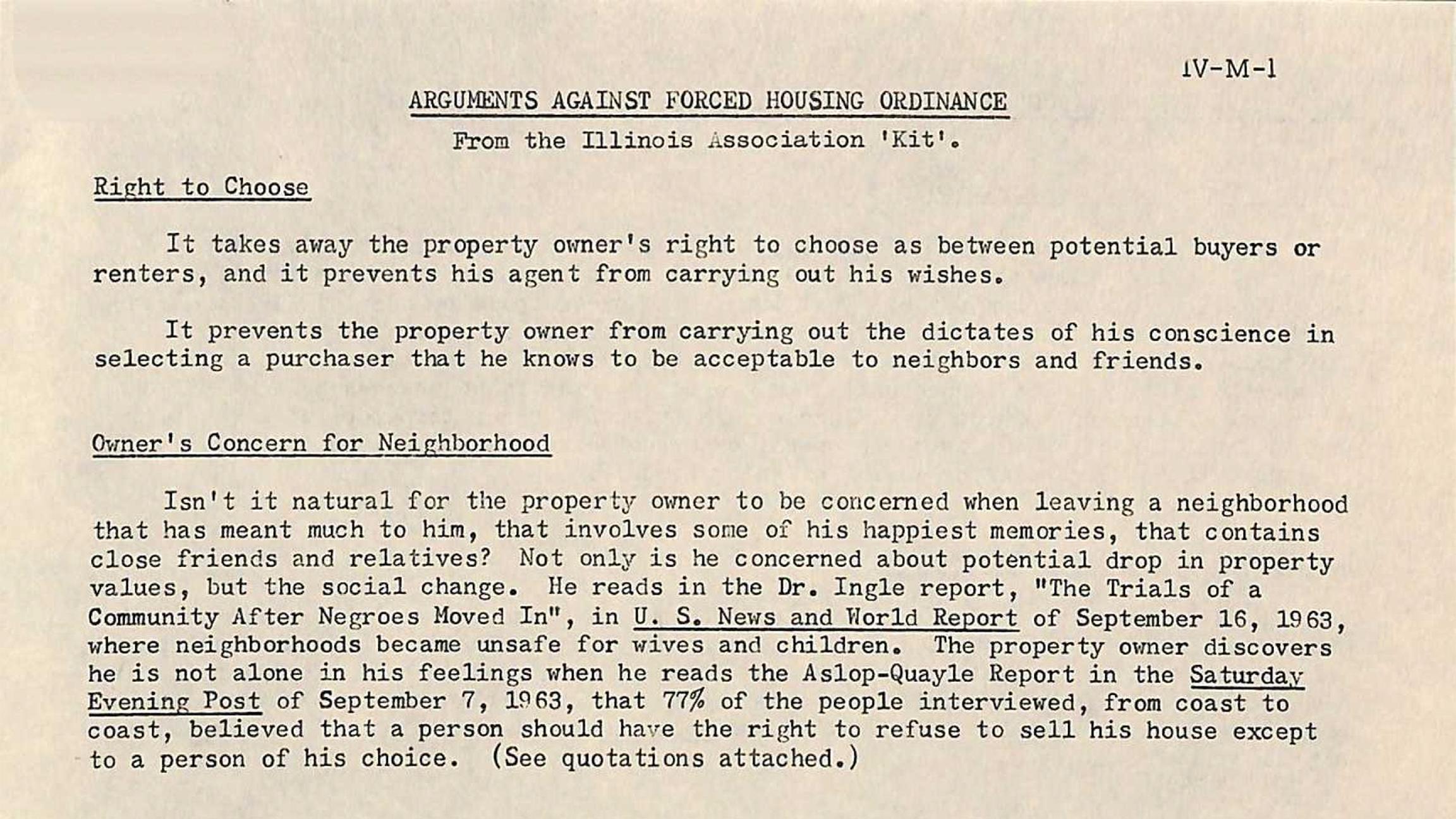 Document: “Arguments Against Forced Housing Ordinance” (Courtesy National Association of Realtors library)
