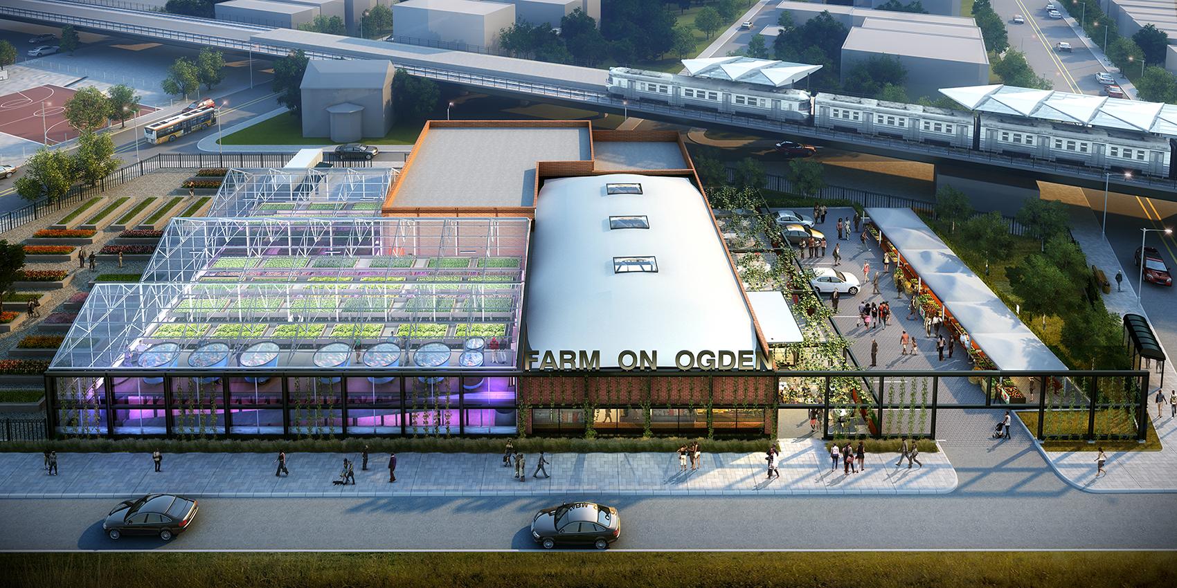 A graphic rendering of the soon-to-be completed Farm on Ogden, which opens June 22. (Courtesy Chicago Botanic Garden)
