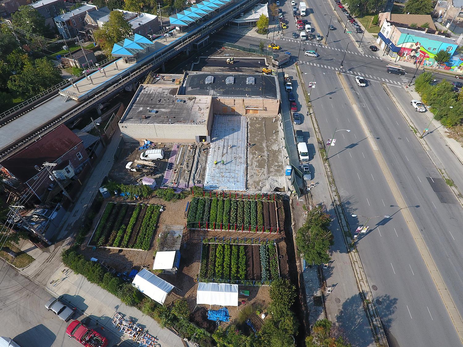 An overhead view of the Farm on Ogden site during construction in summer 2017 (Courtesy Chicago Botanic Garden)