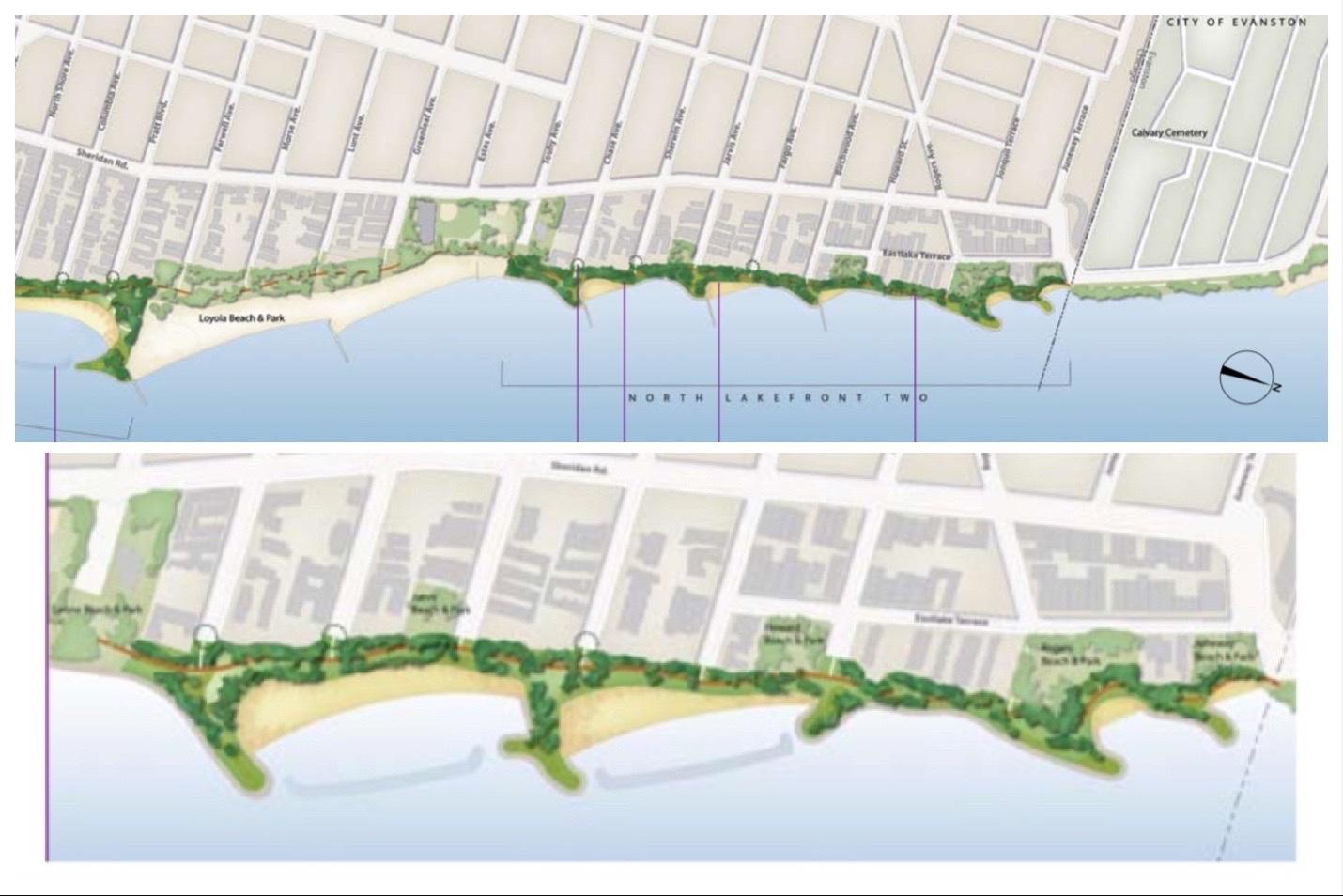 Proposals to create new, connected parks on Chicago's north lakefront in the Rogers Park neighborhood. (The Last Four Miles report / Friends of the Parks) 