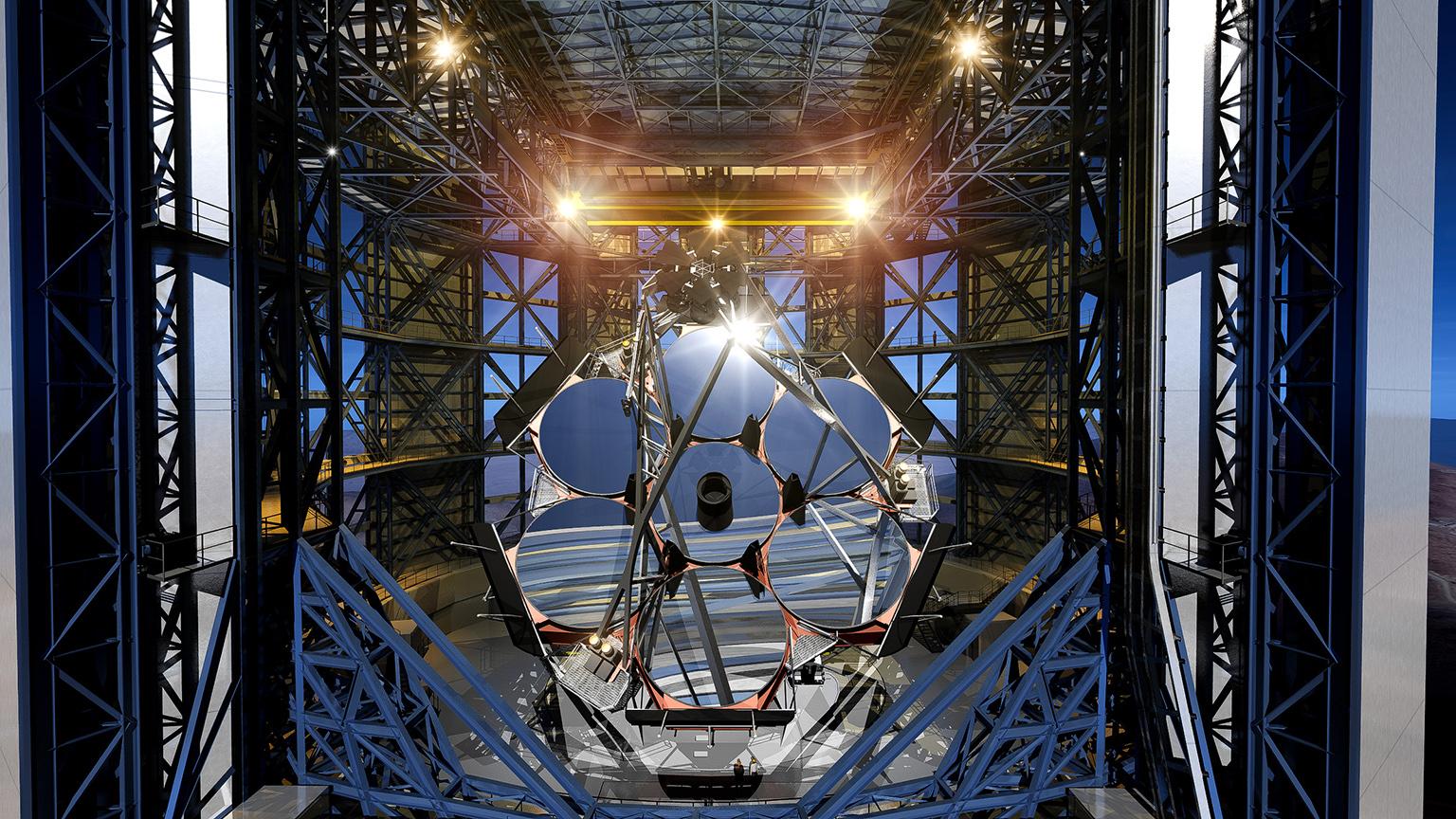 The GMT will consist of seven mirrors, each eight meters in diameter, to make a single optical surface that’s 24.5 meters wide. (Giant Magellan Telescope – GMTO Corporation)